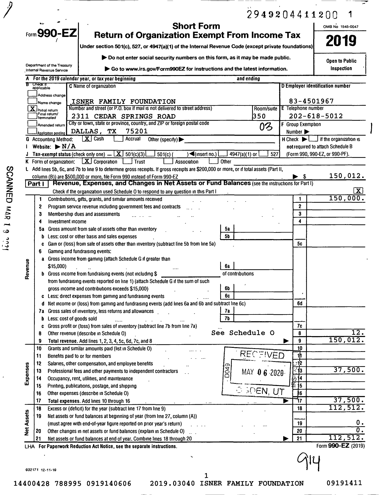 Image of first page of 2019 Form 990EZ for Isner Family Foundation