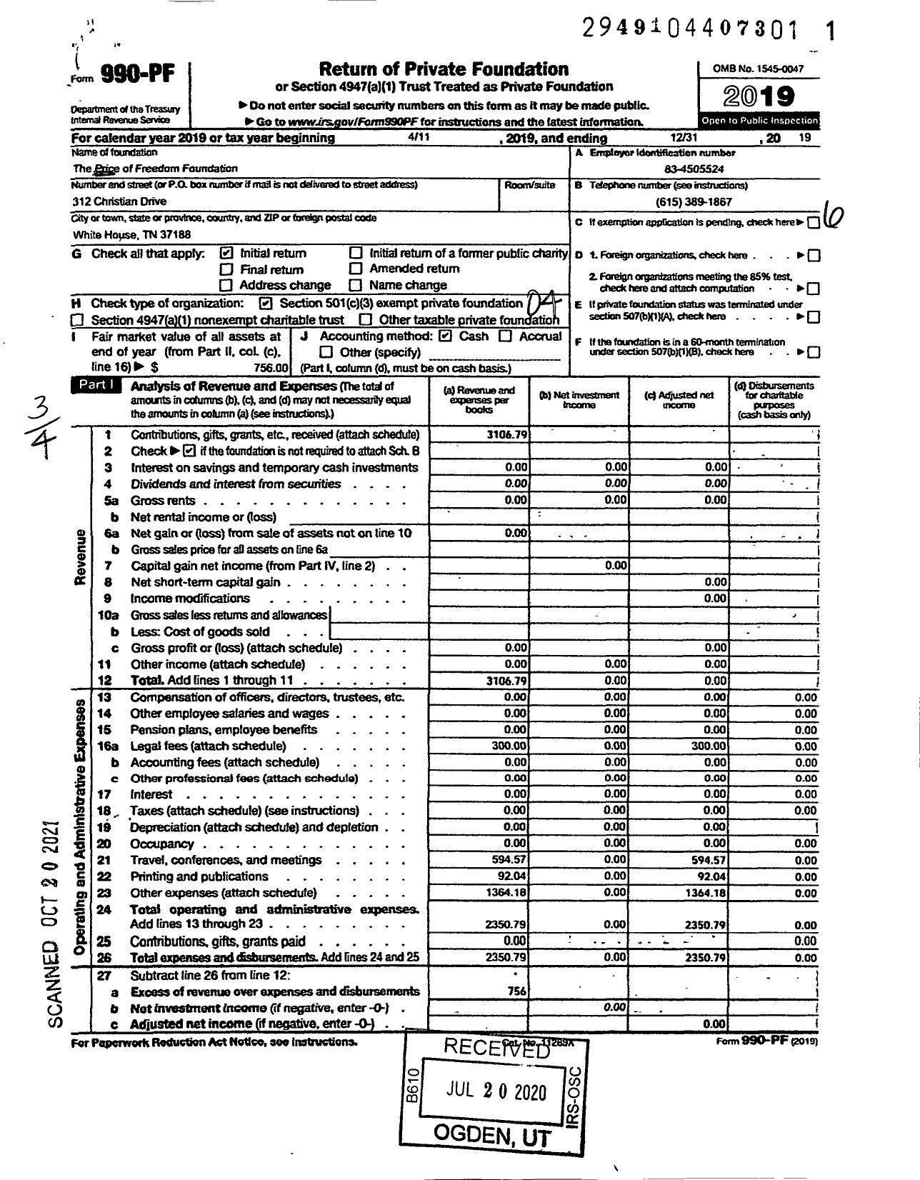 Image of first page of 2019 Form 990PF for Price of Freedom Foundation (PFF)