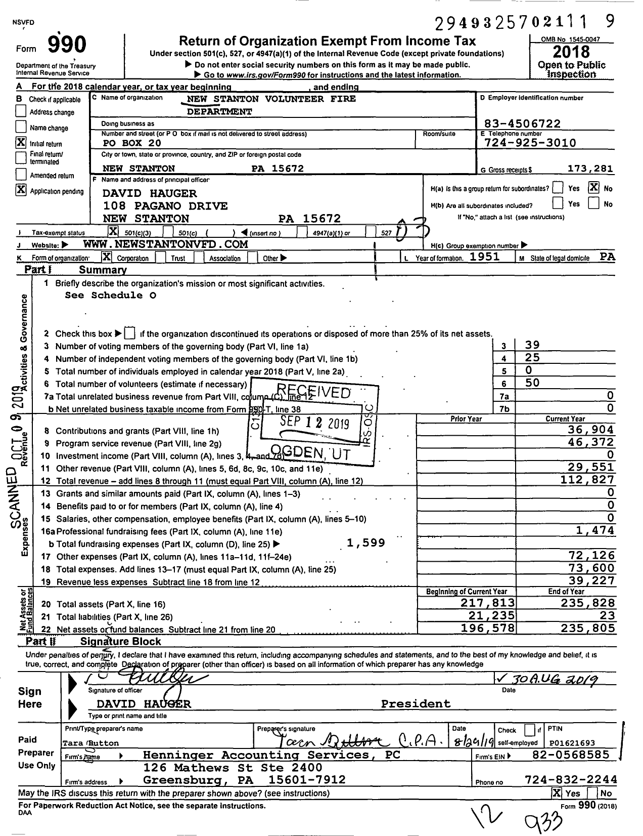 Image of first page of 2018 Form 990 for New Stanton Volunteer Fire Department