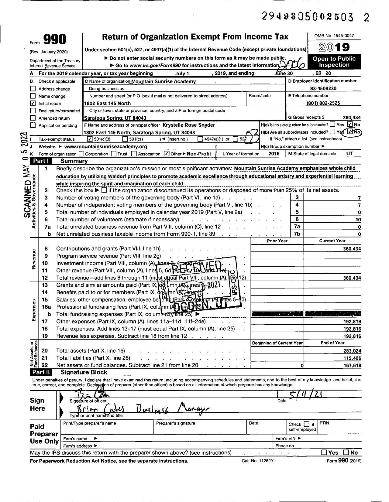 Image of first page of 2019 Form 990 for Mountain Sunrise Academy