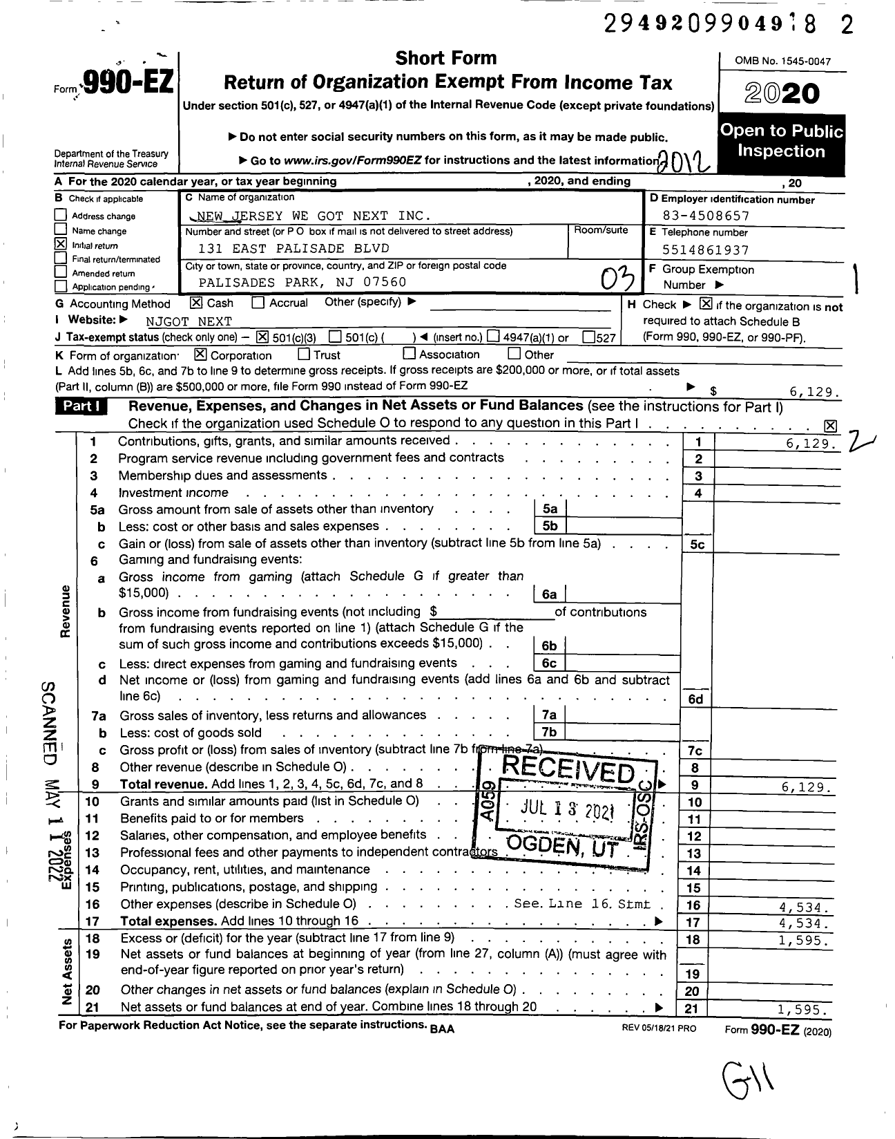Image of first page of 2020 Form 990EZ for NJ We Got Next