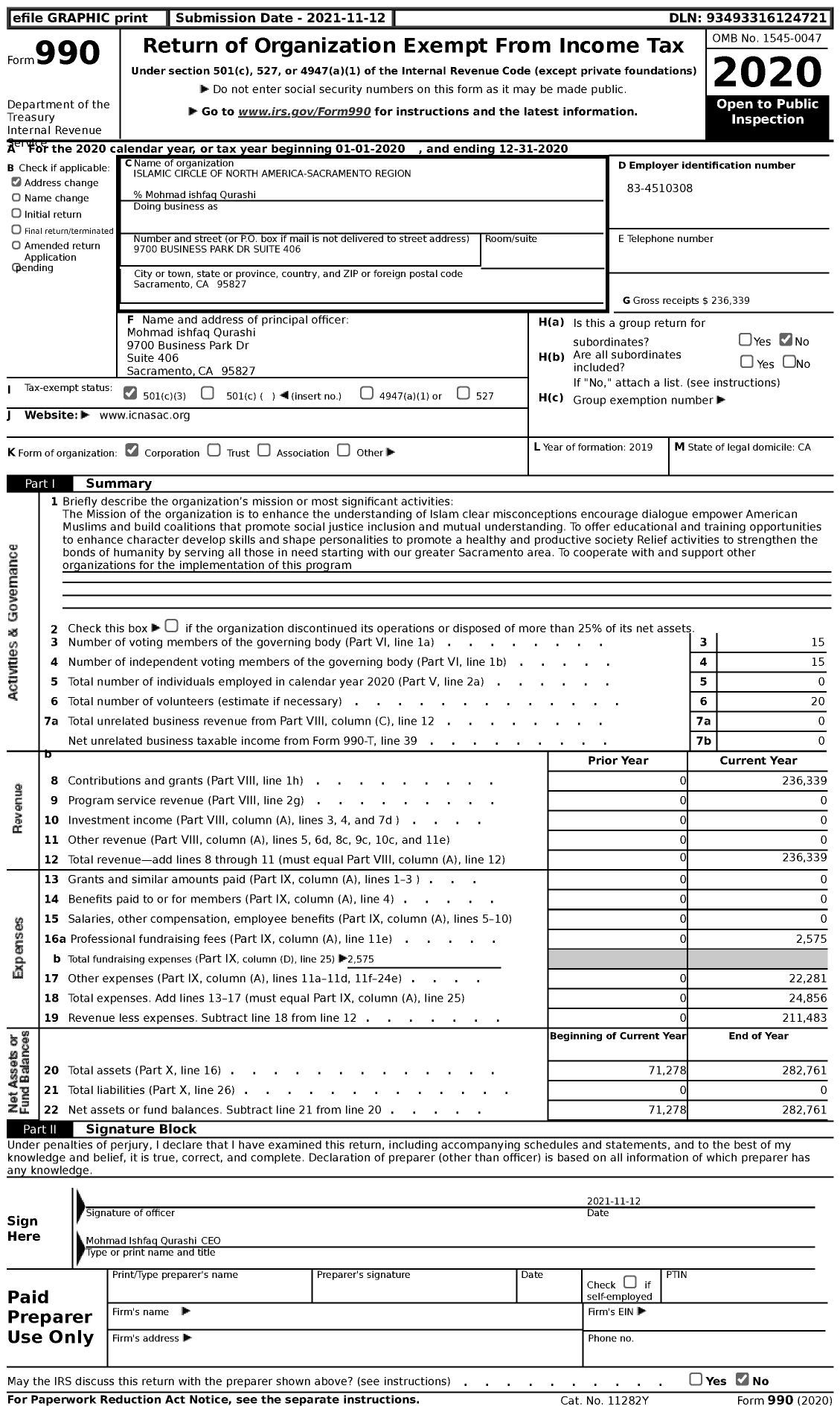 Image of first page of 2020 Form 990 for ICNA Sacramento