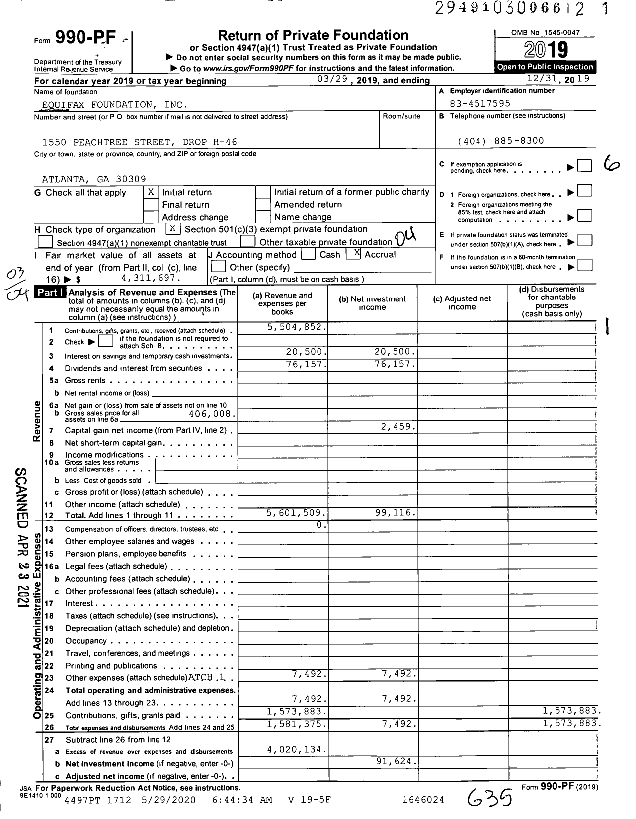 Image of first page of 2019 Form 990PF for Equifax Foundation