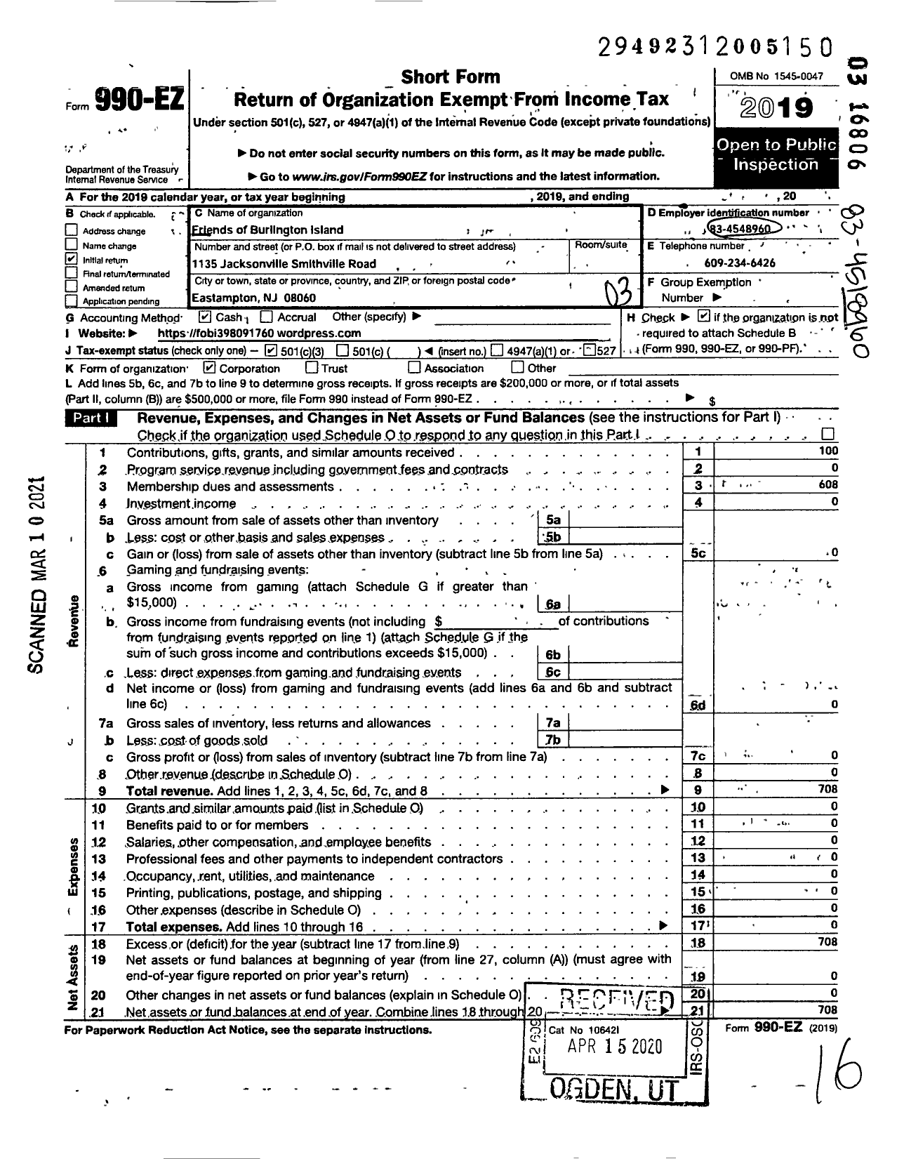 Image of first page of 2019 Form 990EZ for Friends of Burlington Island