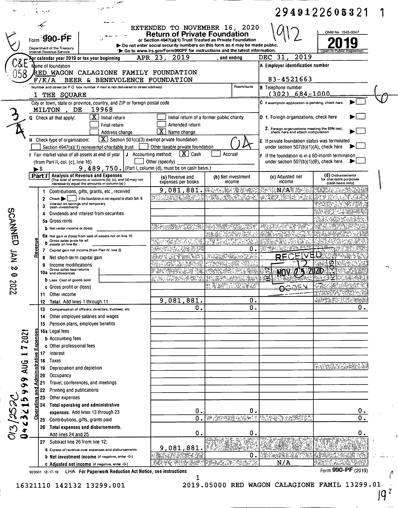 Image of first page of 2019 Form 990PF for Red Wagon Calagione Family Foundation