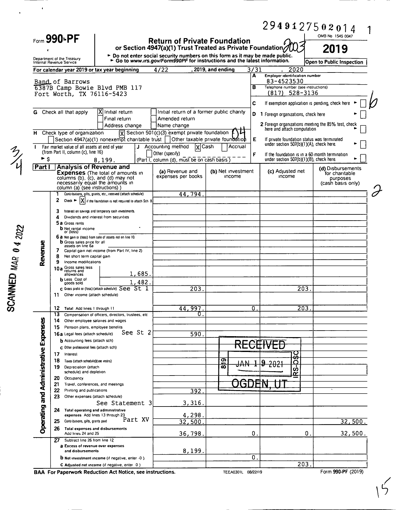 Image of first page of 2019 Form 990PF for Band of Barrows