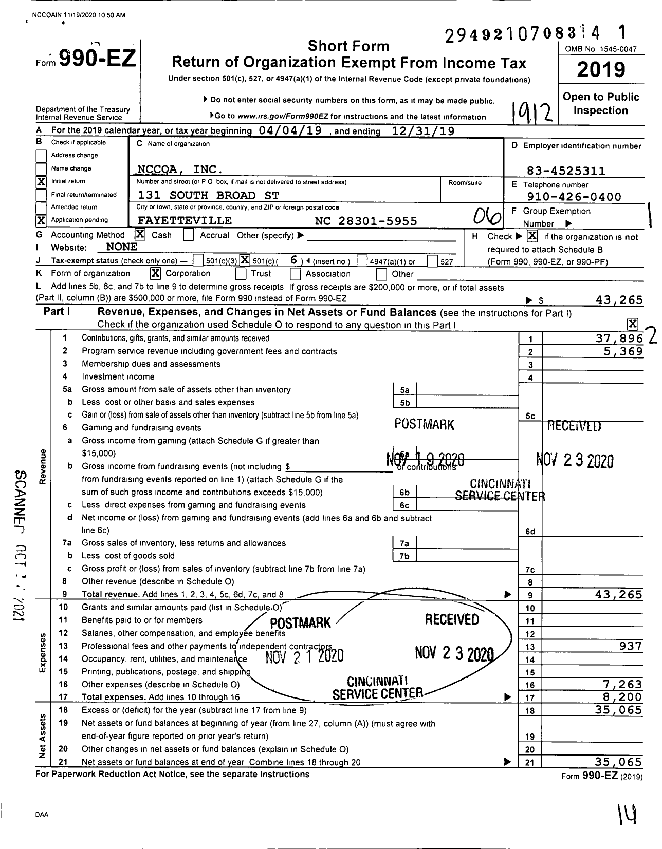 Image of first page of 2019 Form 990EO for Nccoa