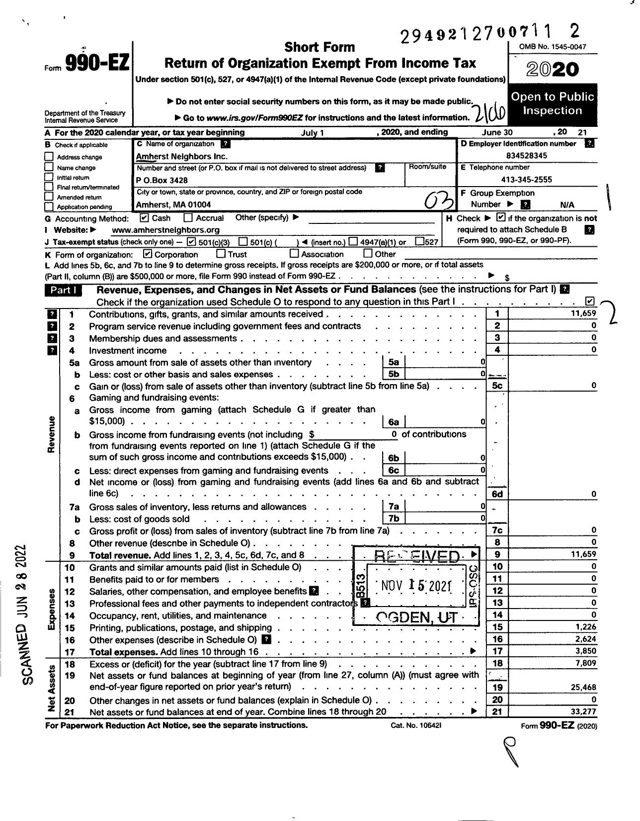 Image of first page of 2020 Form 990EZ for Amherst Neighbors