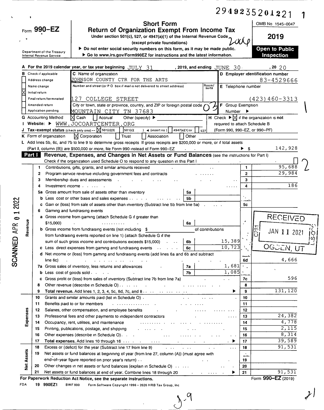 Image of first page of 2019 Form 990EZ for Johnson County Center for the Arts