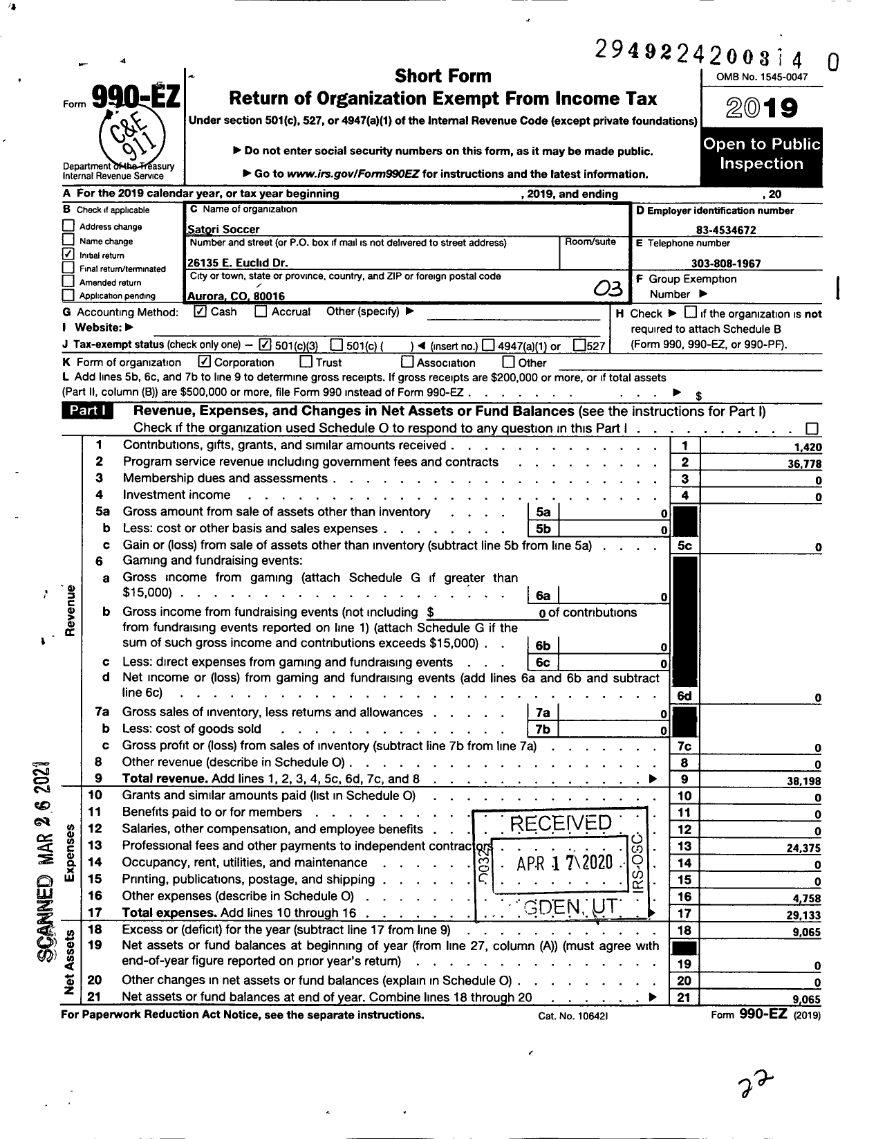 Image of first page of 2019 Form 990EZ for Satori Soccer