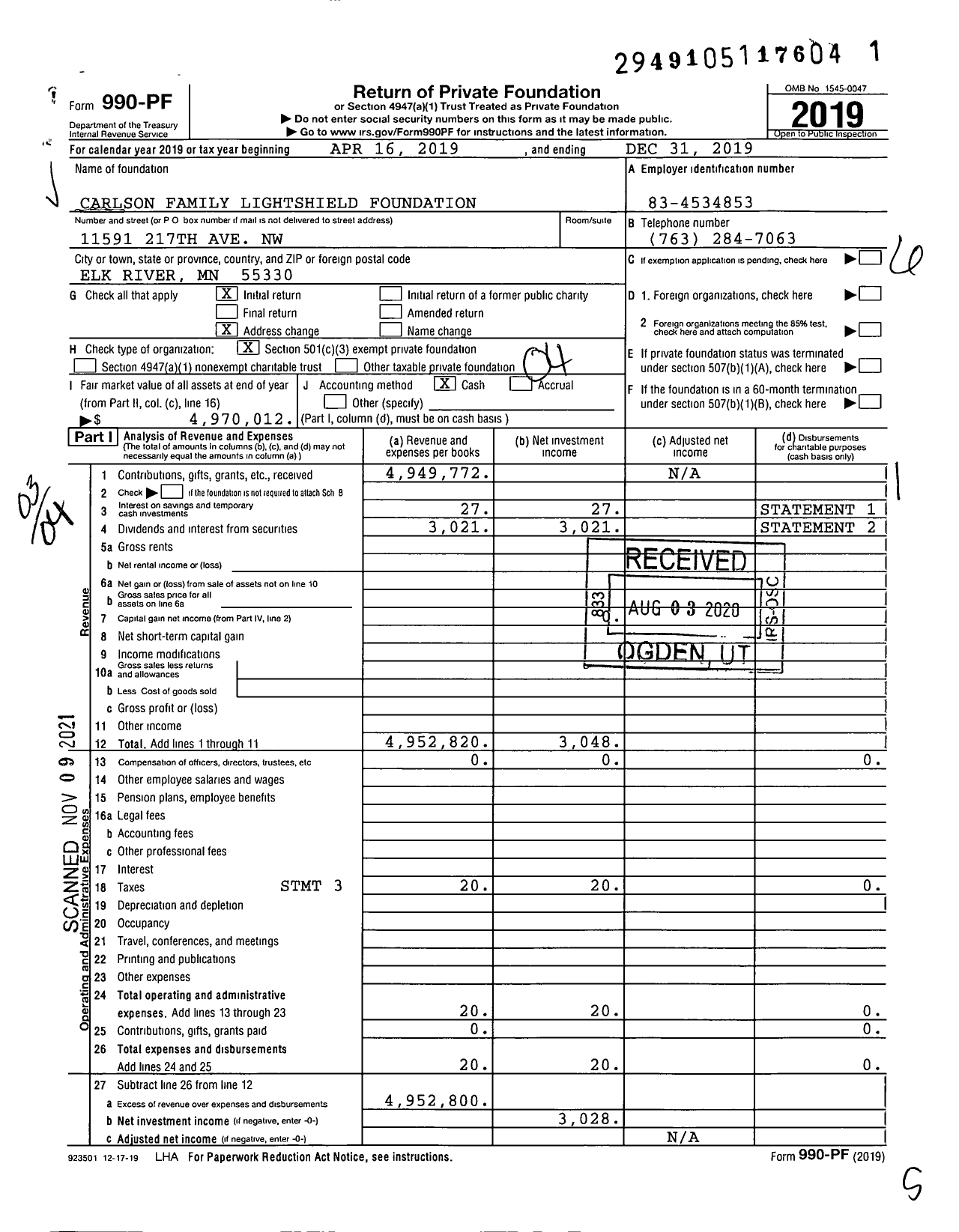 Image of first page of 2019 Form 990PF for Carlson Family Lightshield Foundation