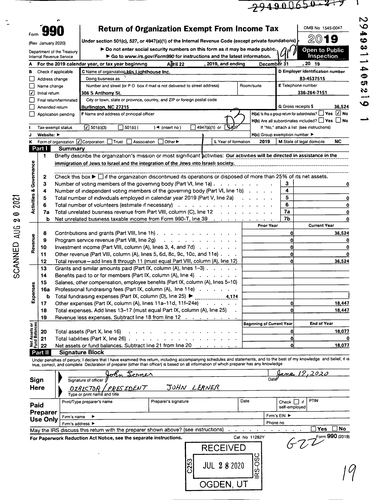 Image of first page of 2019 Form 990 for His Lighthouse