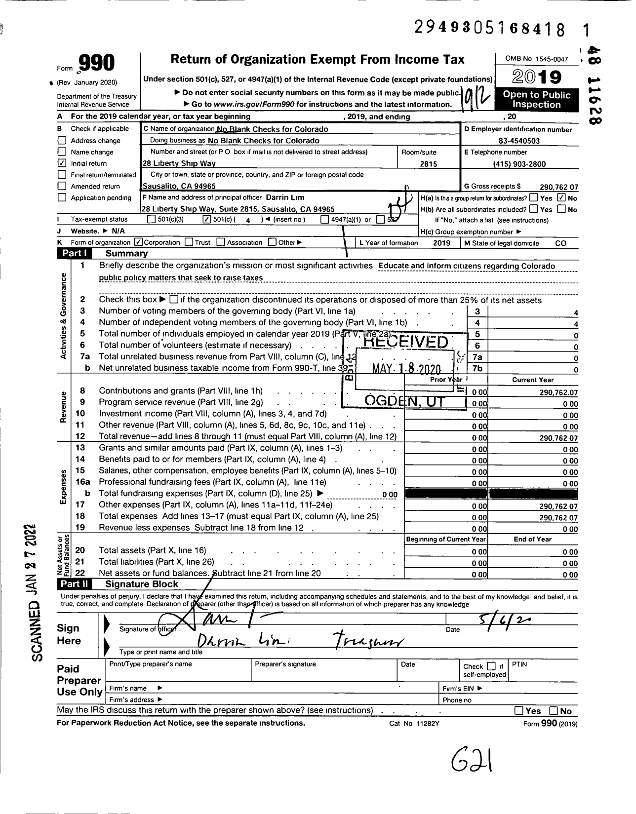 Image of first page of 2019 Form 990O for No Blank Checks for Colorado