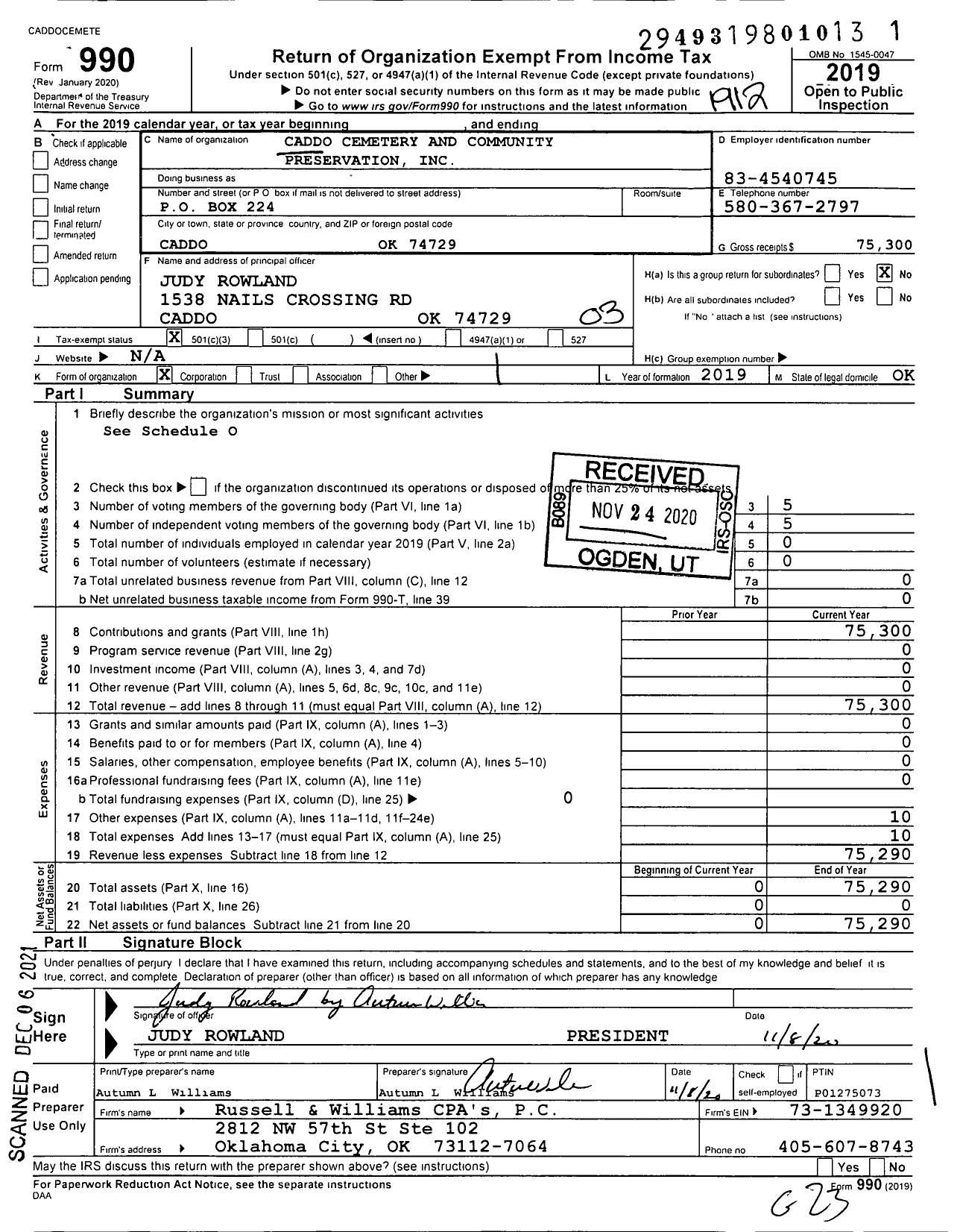 Image of first page of 2019 Form 990 for Caddo Cemetery and Community Preservation