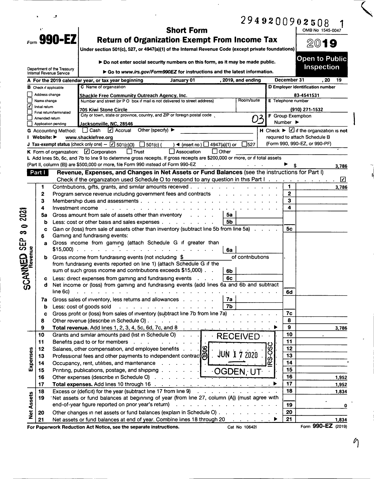 Image of first page of 2019 Form 990EZ for Shackle Free Community Outreach Agency