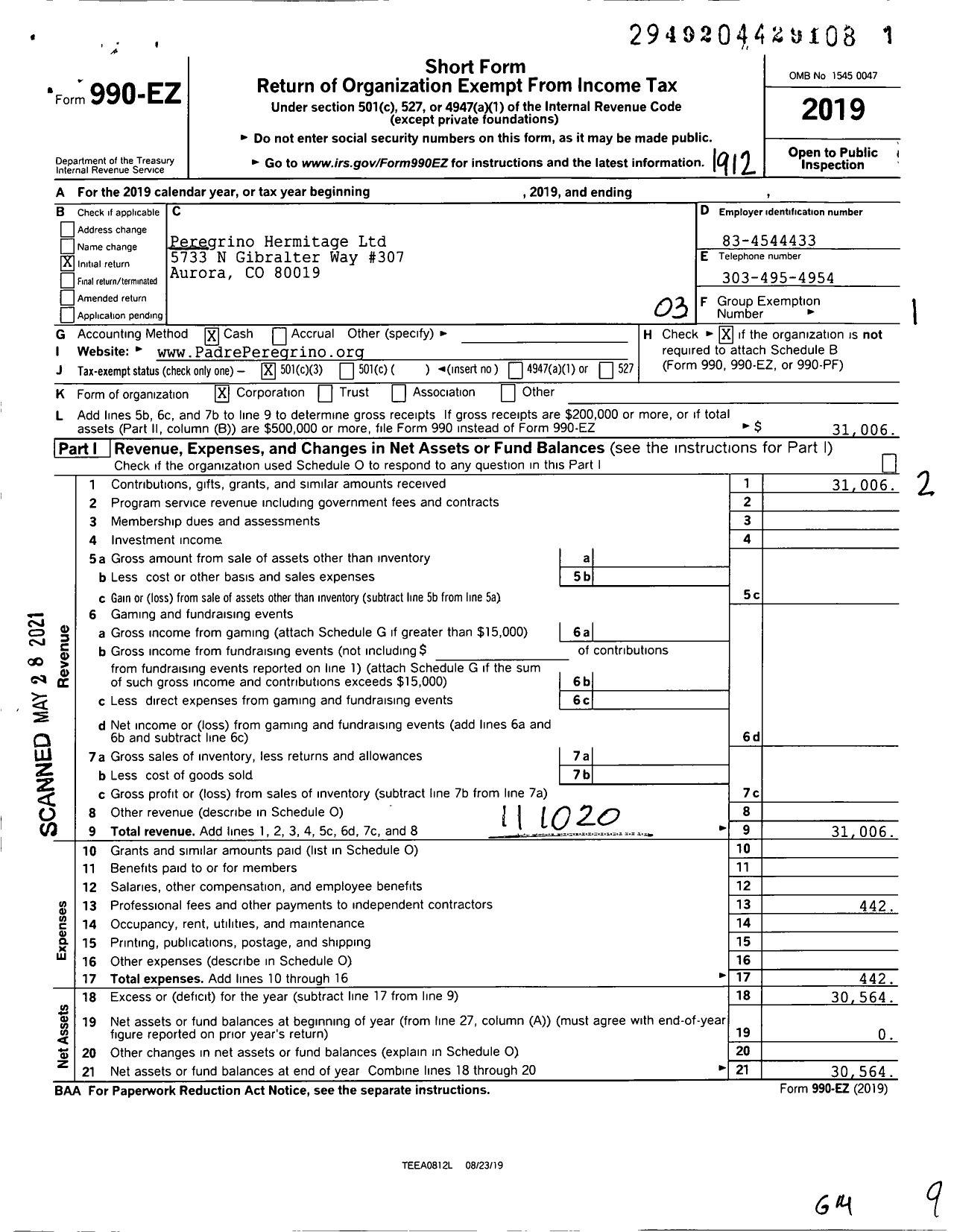 Image of first page of 2019 Form 990EZ for Peregrino Hermitage