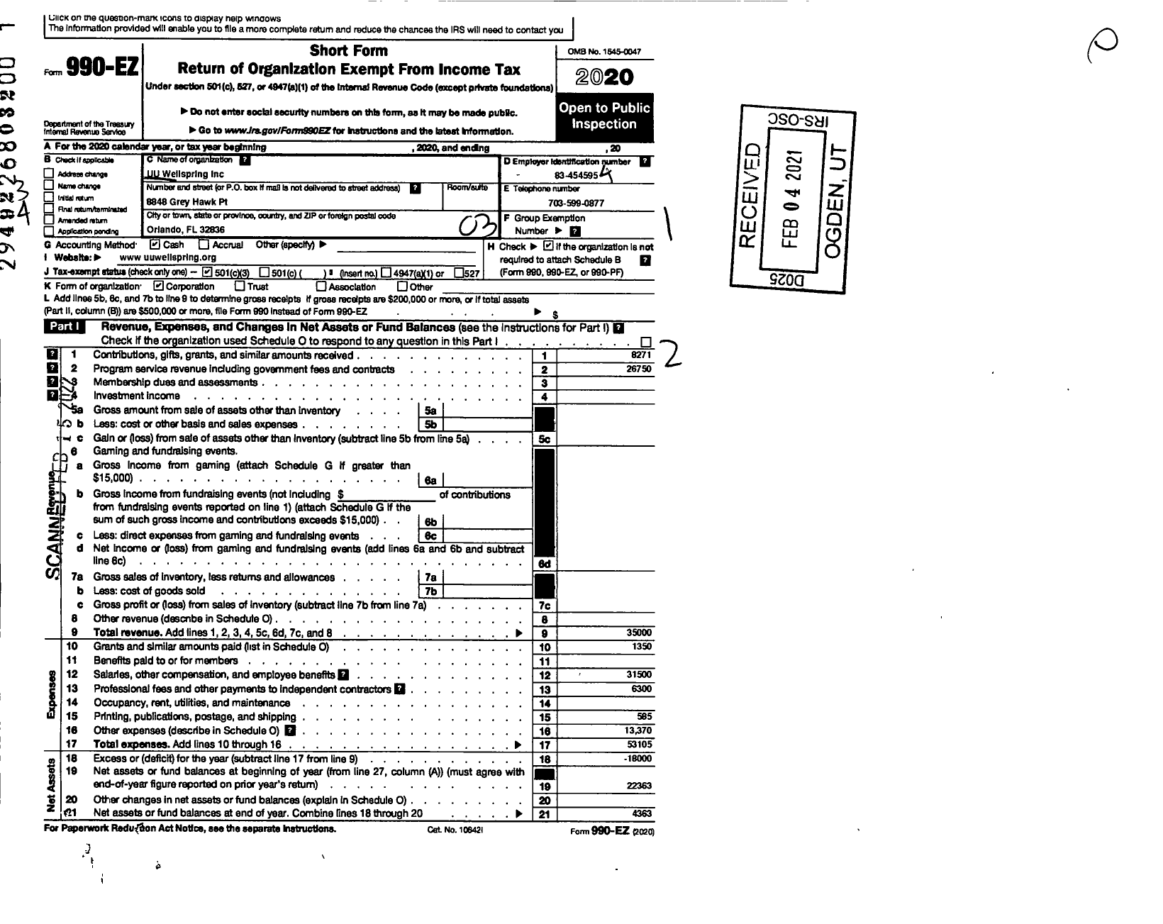 Image of first page of 2020 Form 990EZ for Uu Wellspring