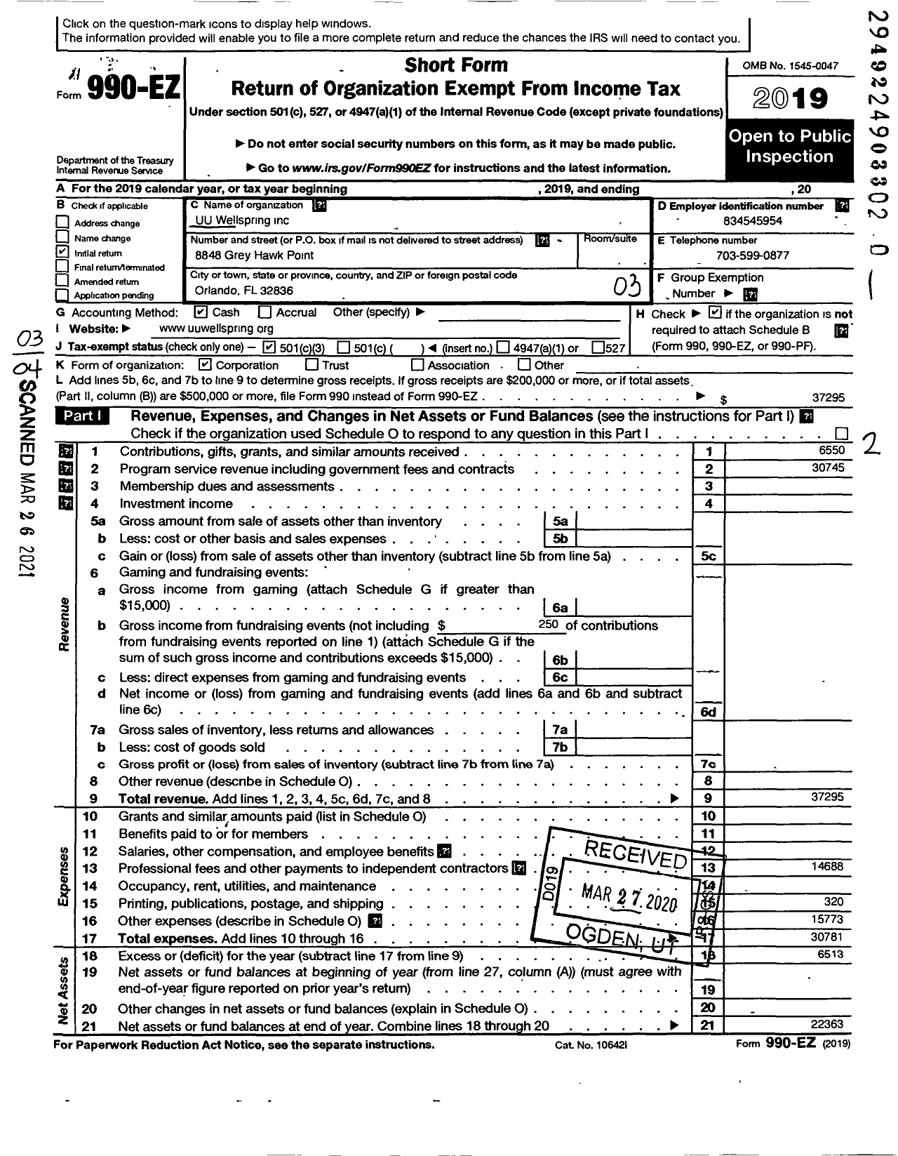 Image of first page of 2019 Form 990EZ for Uu Wellspring