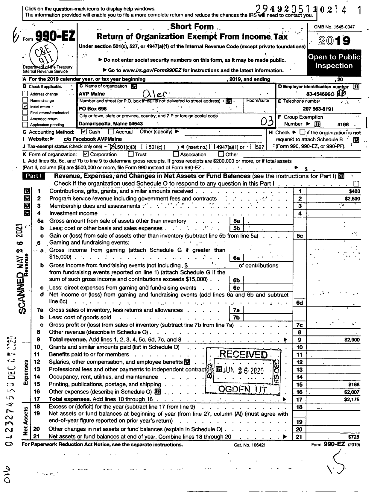 Image of first page of 2019 Form 990EZ for Alernatives To Violence Project Maine