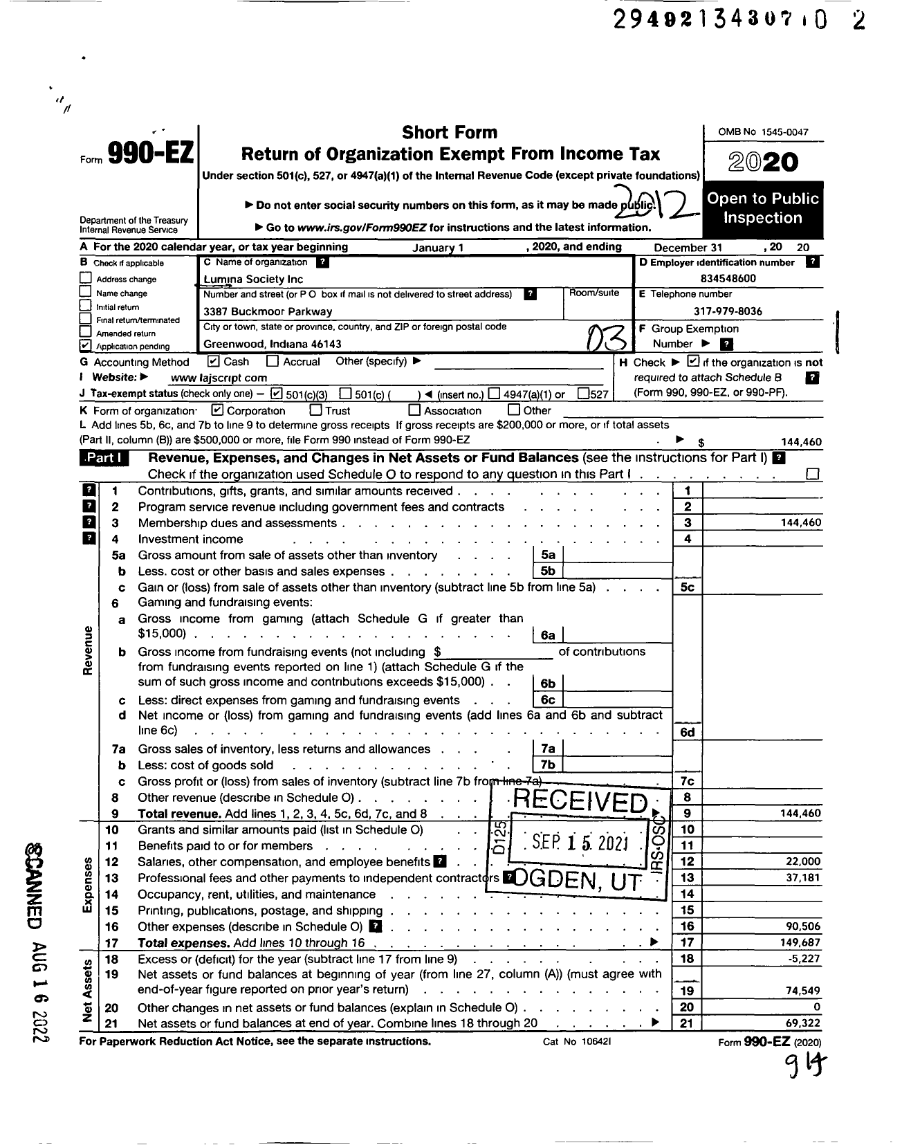 Image of first page of 2020 Form 990EZ for Lumina Society