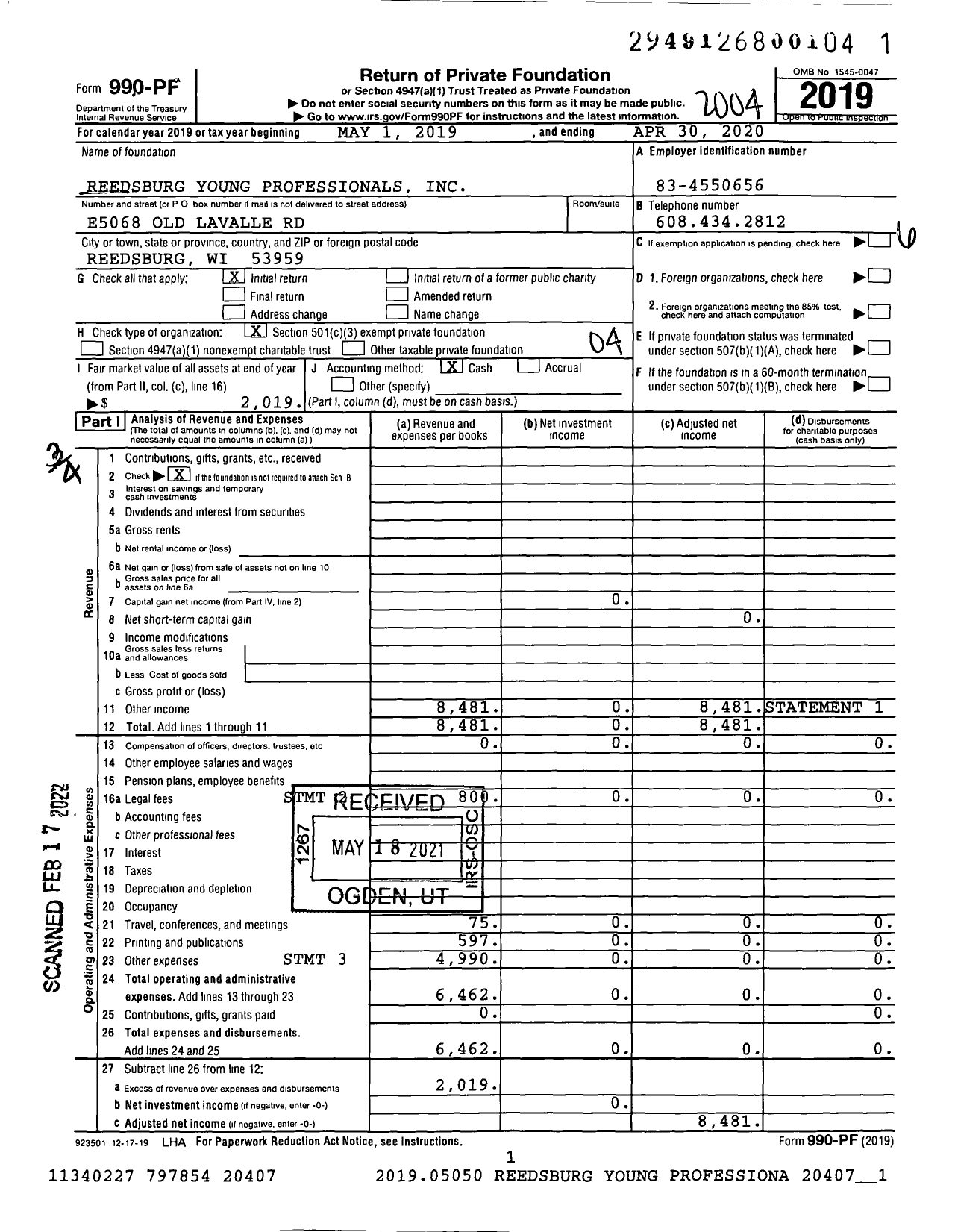 Image of first page of 2019 Form 990PF for Reedsburg Young Professionals