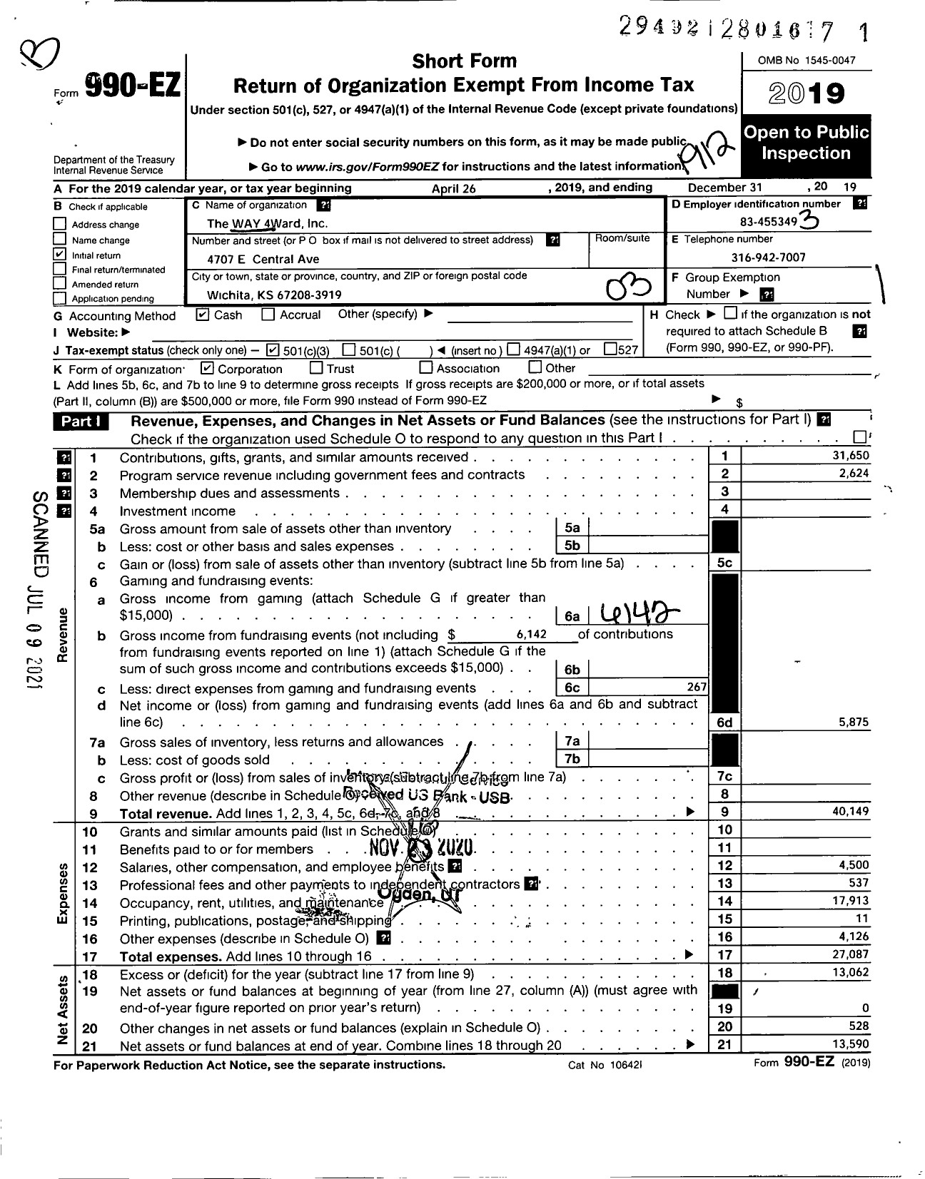 Image of first page of 2019 Form 990EZ for Way 4ward