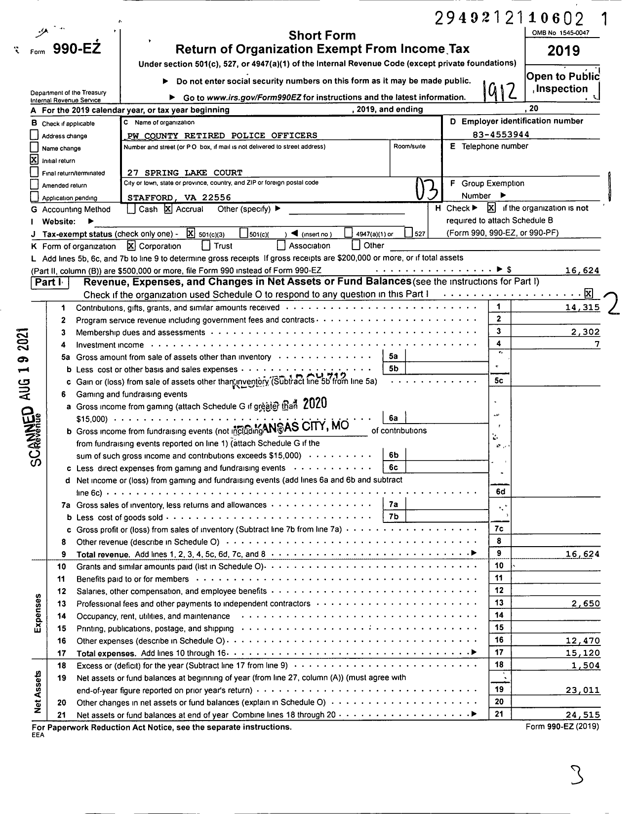 Image of first page of 2019 Form 990EZ for Prince William County Retired Police Officers Association