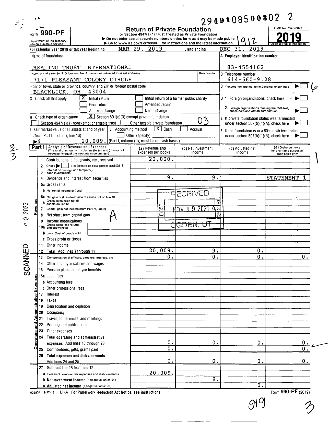 Image of first page of 2019 Form 990PF for Healing Trust International