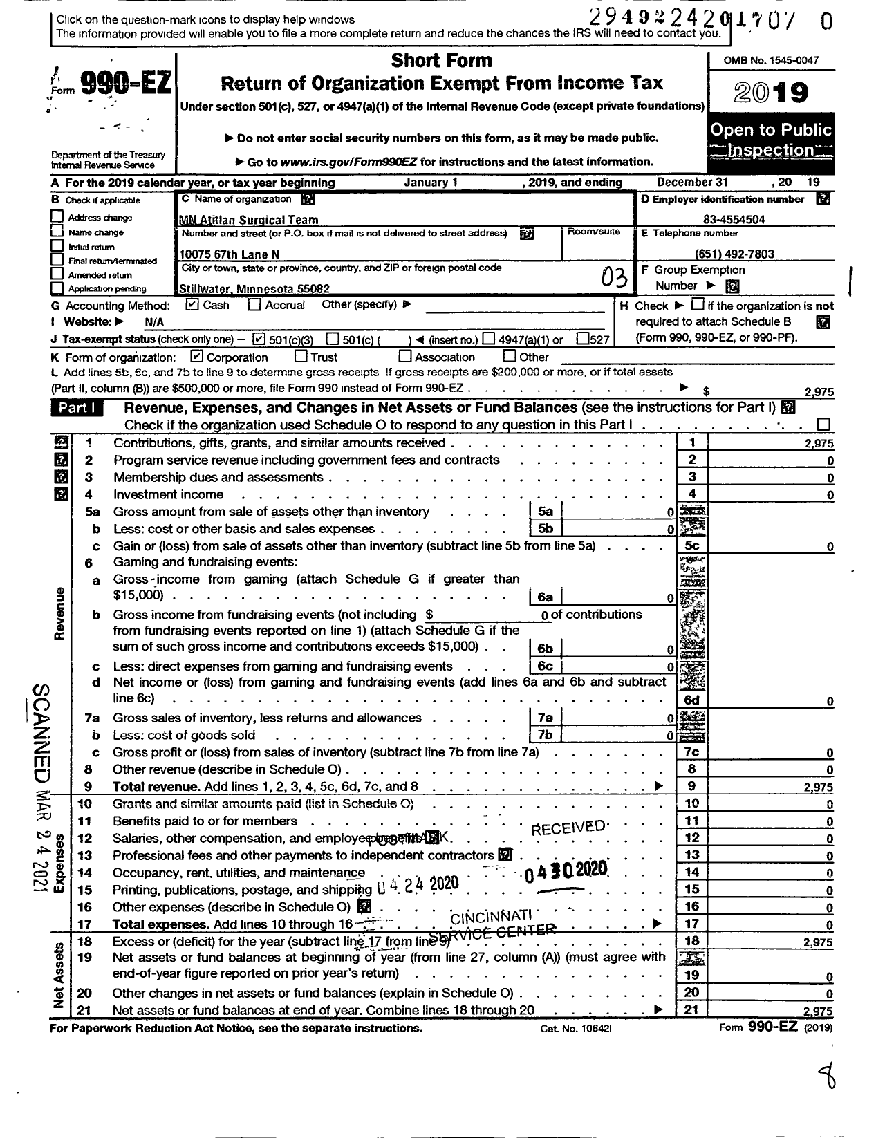 Image of first page of 2019 Form 990EZ for Minnesota Atitlan Surgical Team