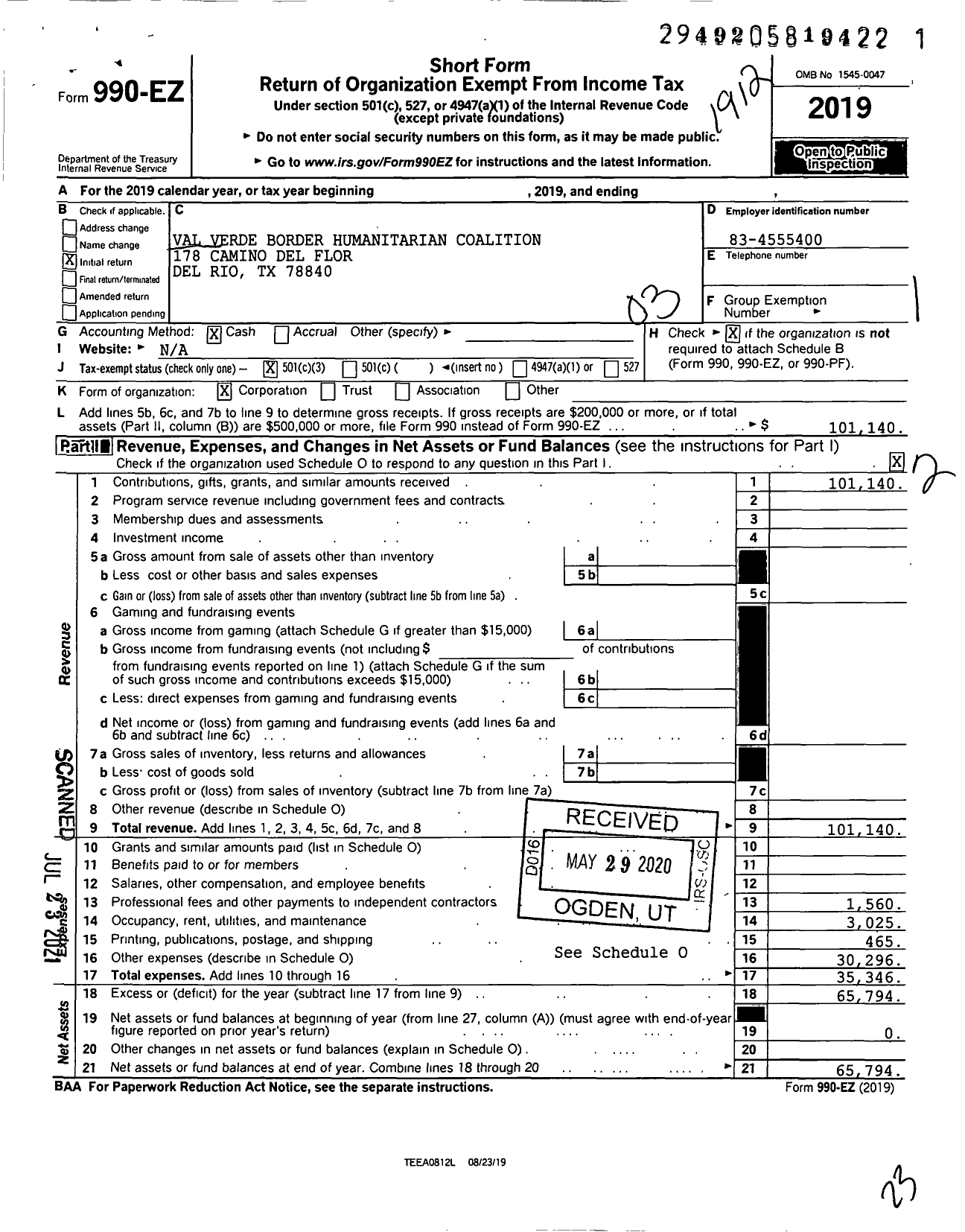 Image of first page of 2019 Form 990EZ for Val Verde Border Humanitarian Coalition