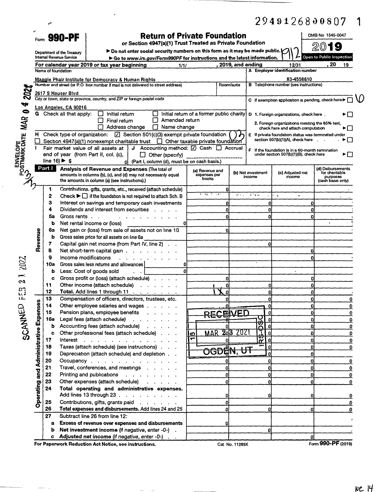 Image of first page of 2019 Form 990PF for Maggie Phair Institute for Democracy and Human Rights