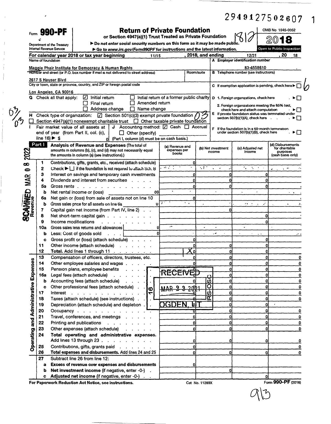 Image of first page of 2018 Form 990PF for Maggie Phair Institute for Democracy and Human Rights