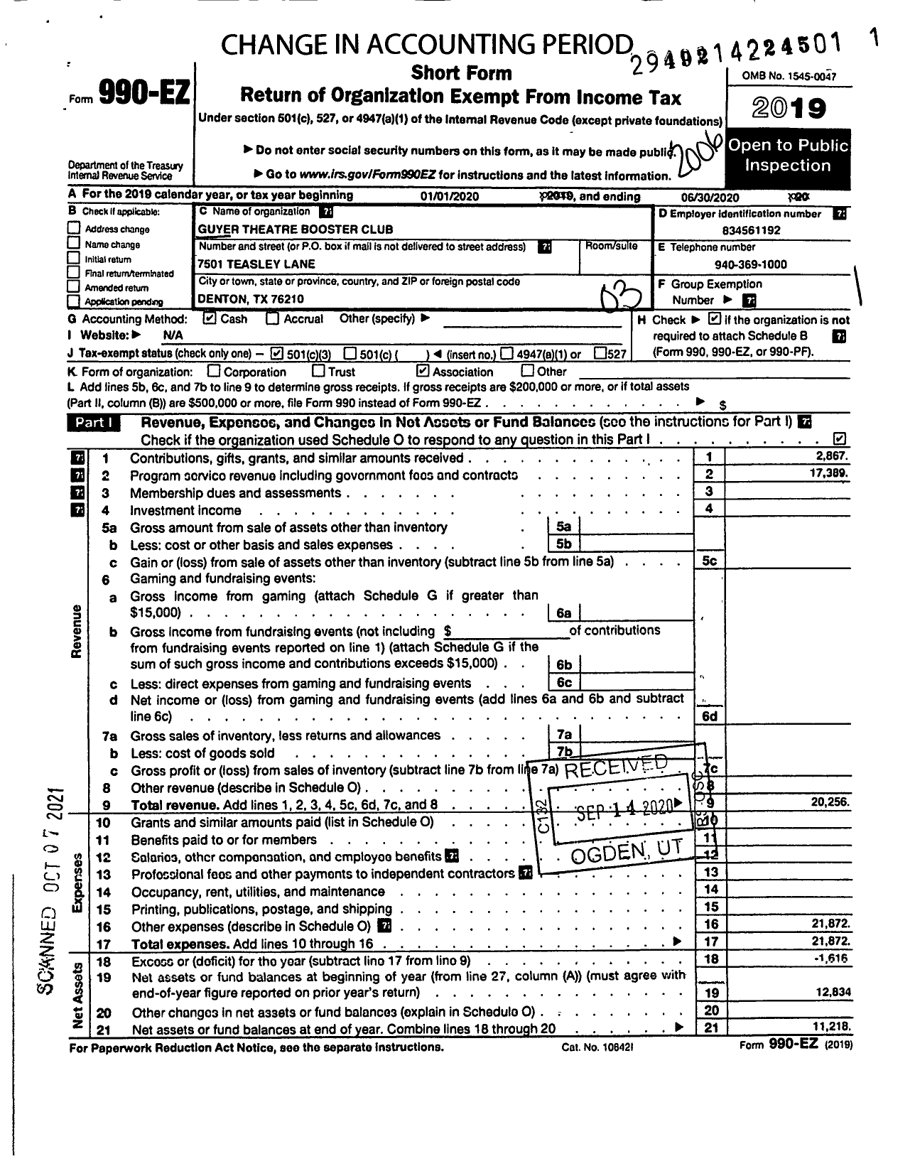 Image of first page of 2019 Form 990EZ for Guyer Theatre Booster Club