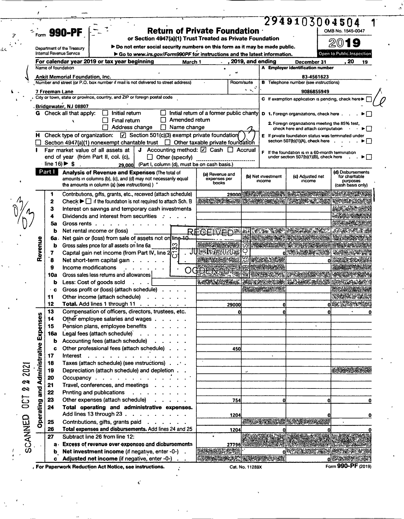 Image of first page of 2019 Form 990PF for Ankit Memorial Foundation Incorporated