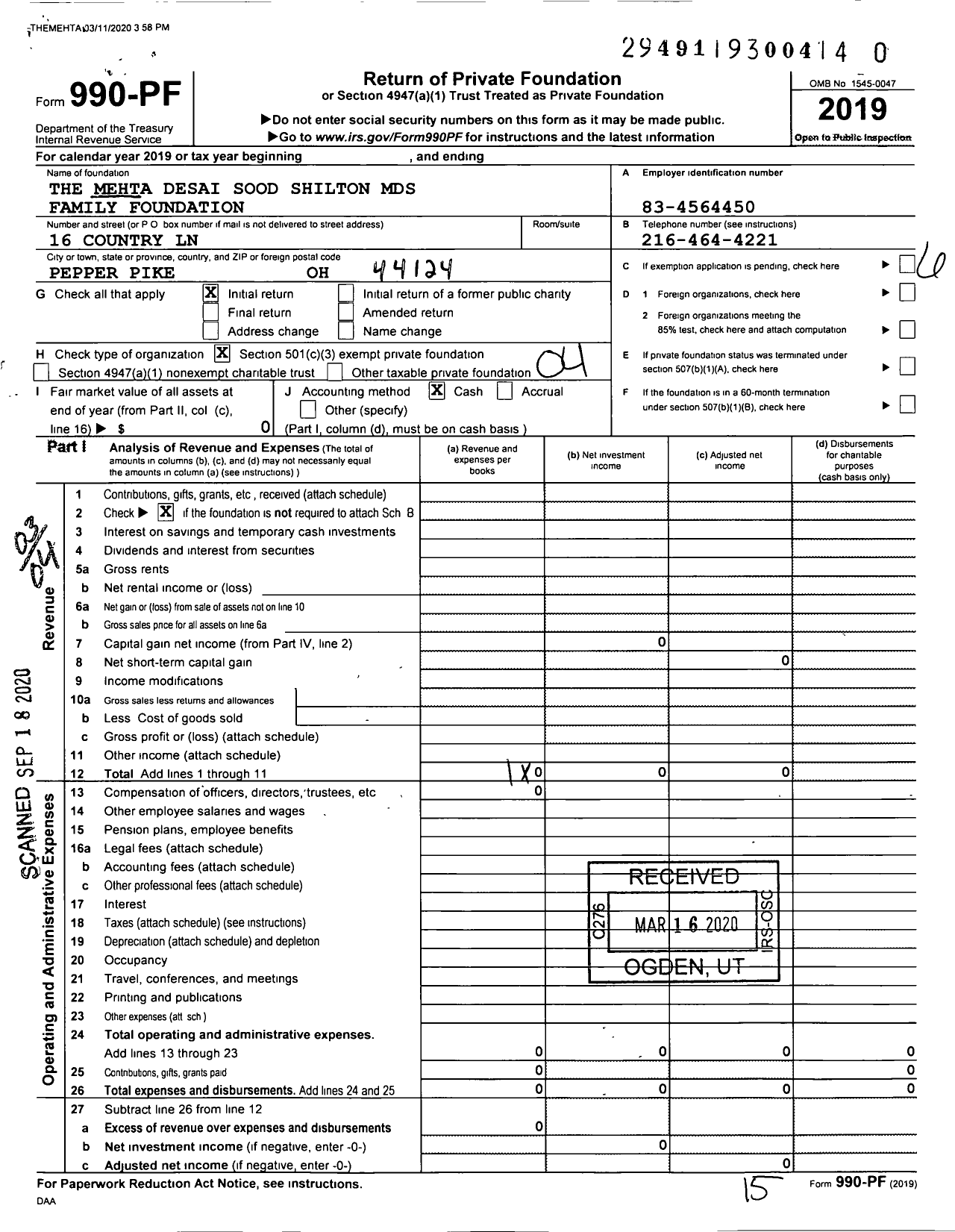 Image of first page of 2019 Form 990PR for The Mehta Desai Sood MDS Family Foundation