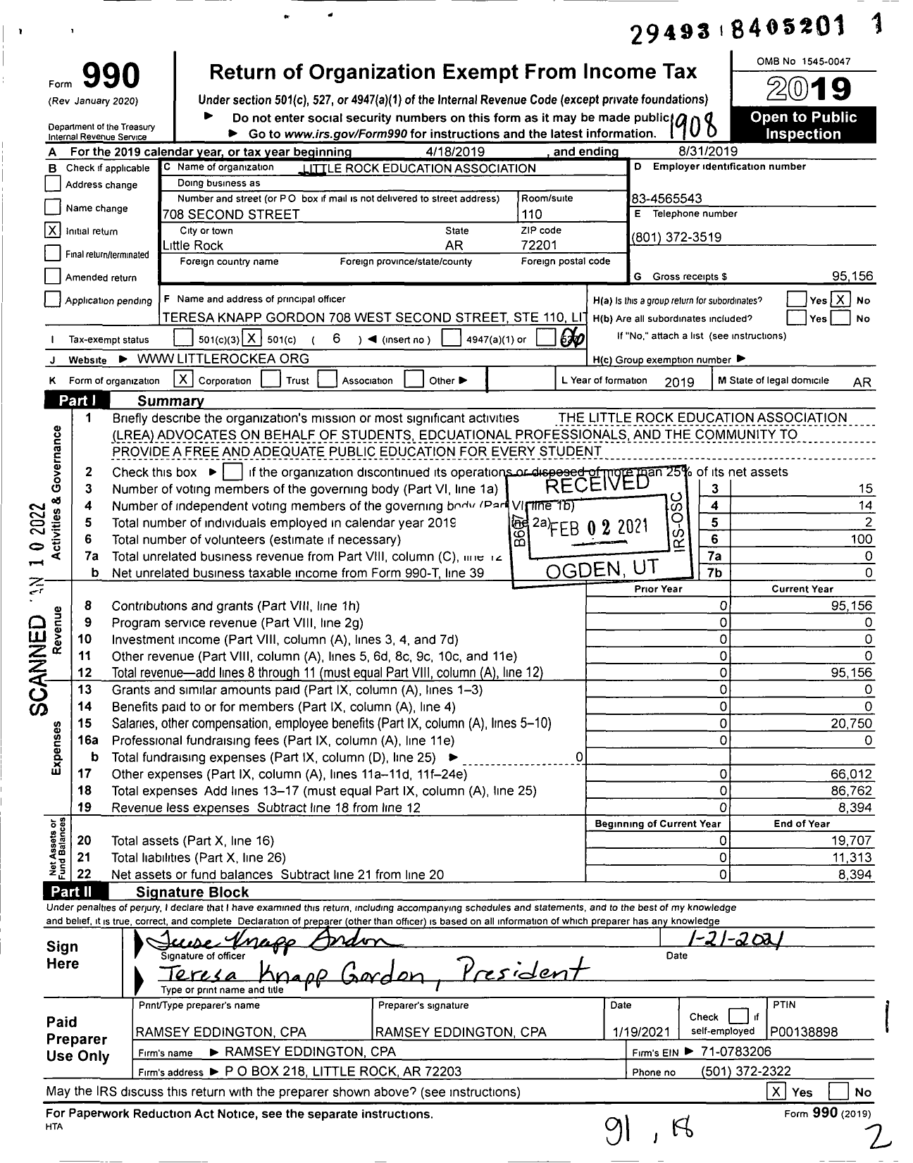 Image of first page of 2018 Form 990O for Little Rock Education Association