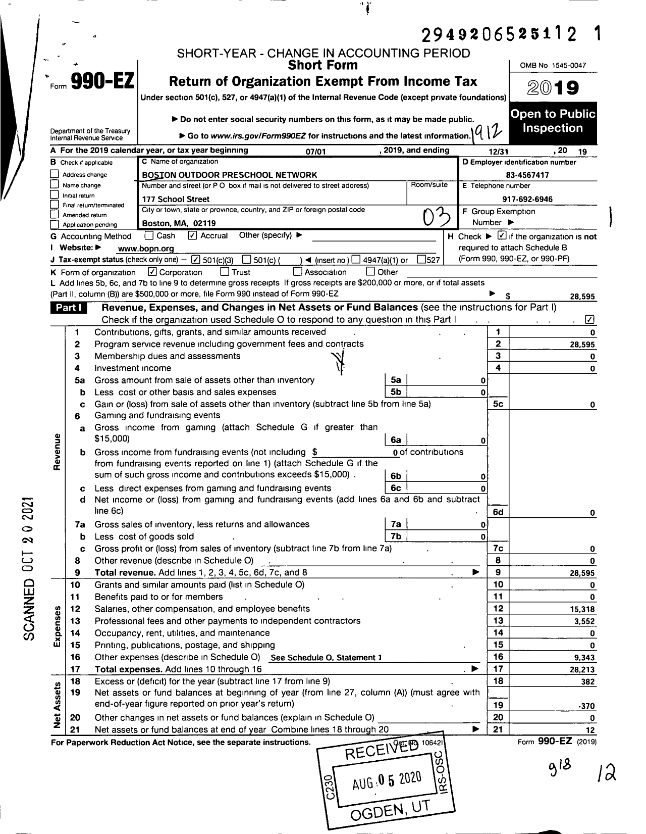 Image of first page of 2019 Form 990EZ for Boston Outdoor Preschool Network