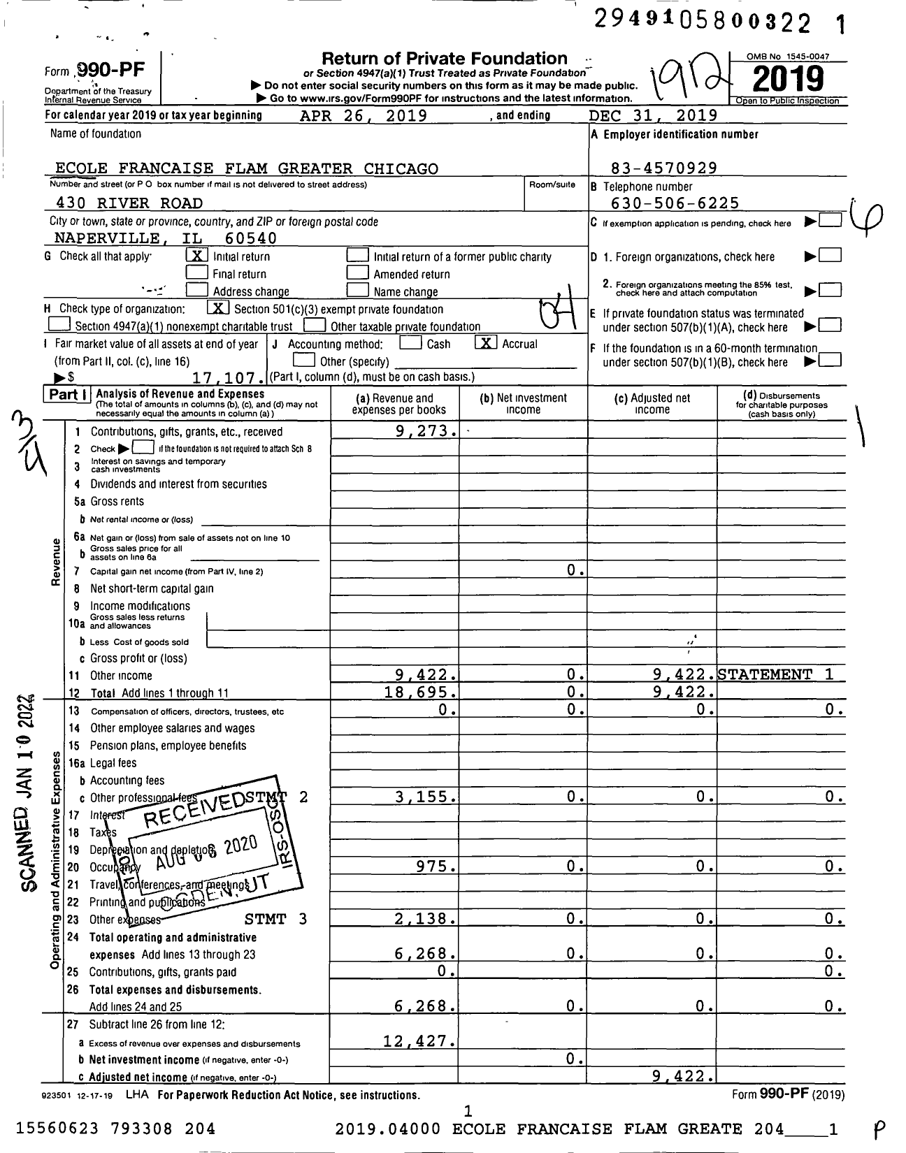 Image of first page of 2019 Form 990PF for Ecole Francaise Flam Greater Chicago