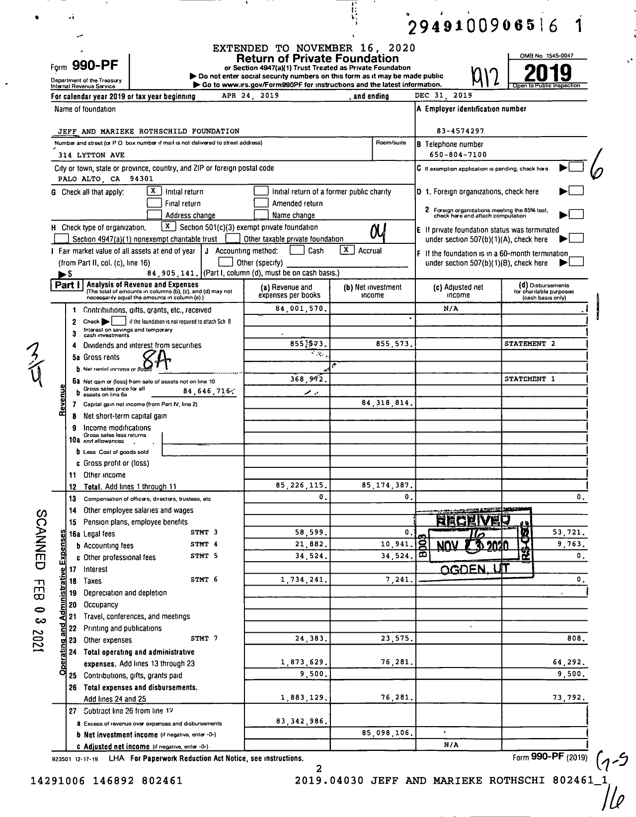 Image of first page of 2019 Form 990PF for Jeff and Marieke Rothschild Foundation