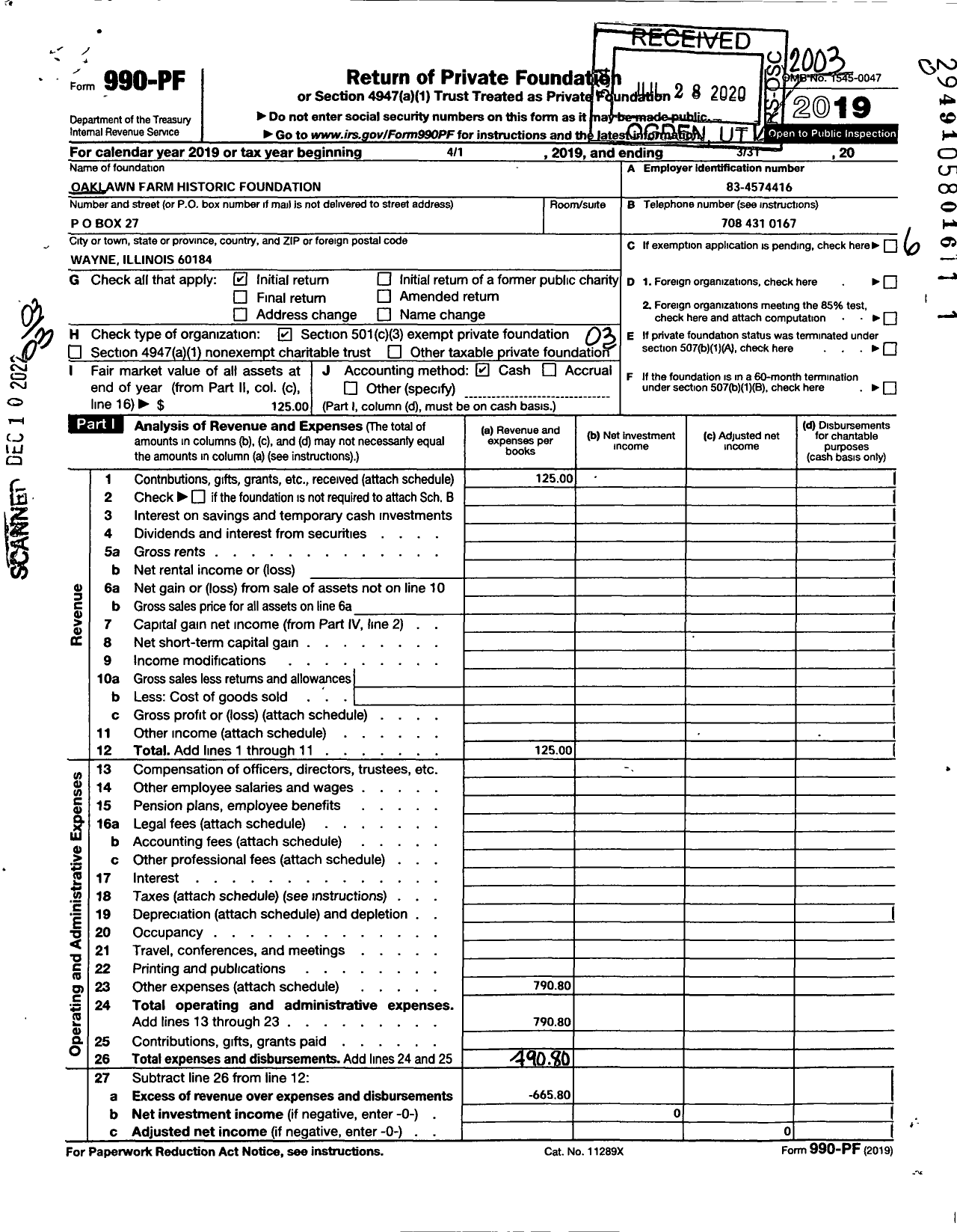 Image of first page of 2019 Form 990PF for Oaklawn Farm Historic Foundation