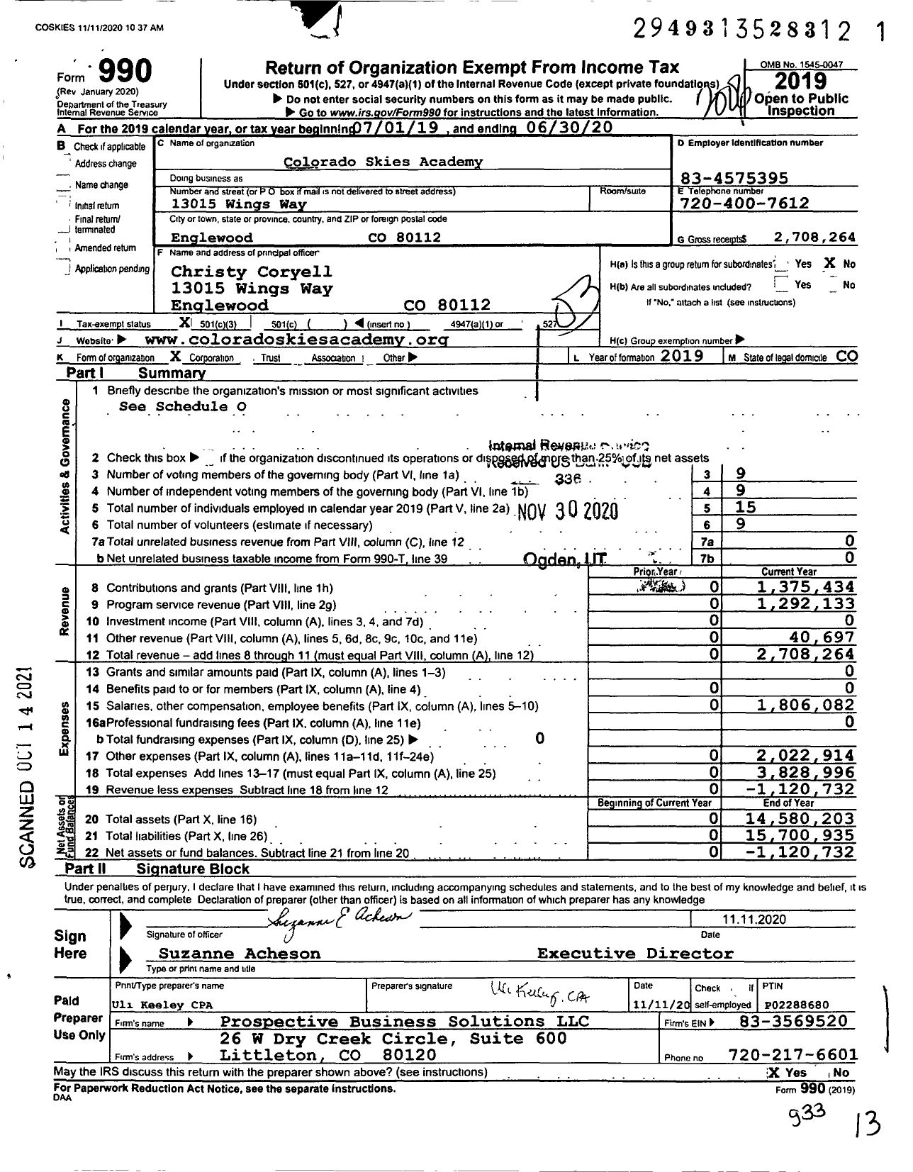 Image of first page of 2019 Form 990 for Colorado Skies Academy