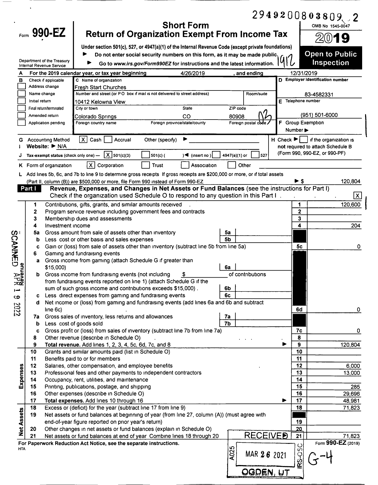 Image of first page of 2019 Form 990EZ for Fresh Start Churches