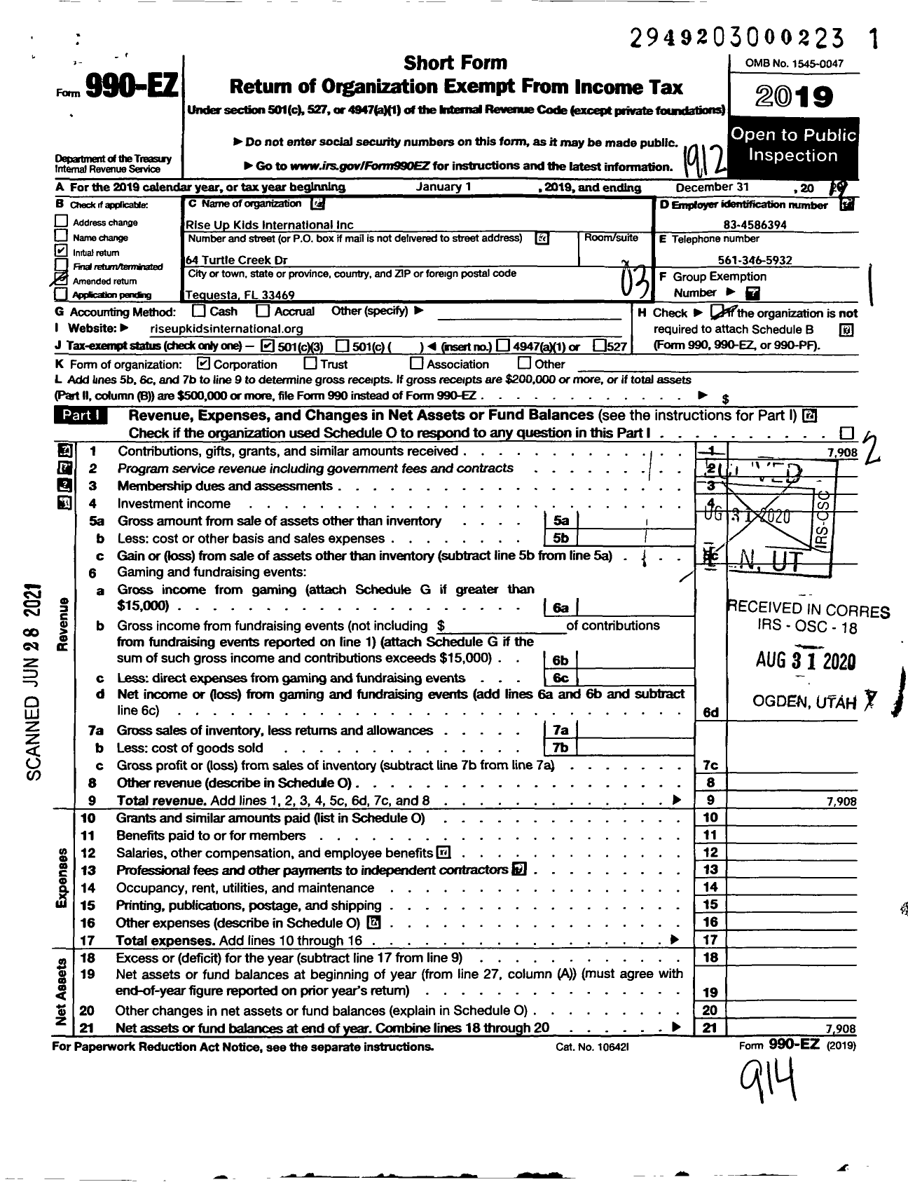 Image of first page of 2019 Form 990EZ for Rise Up Kids International