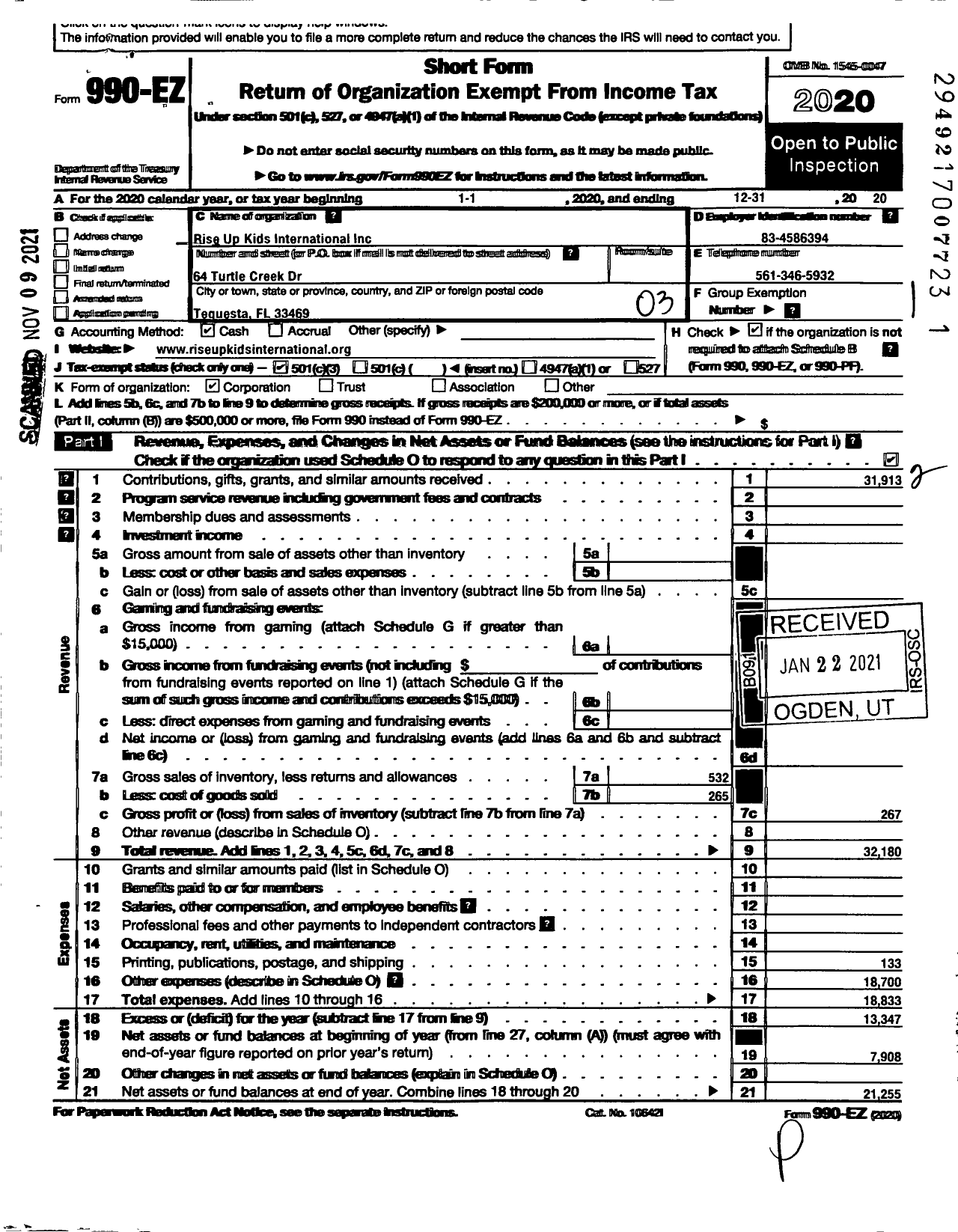 Image of first page of 2020 Form 990EZ for Rise Up Kids International