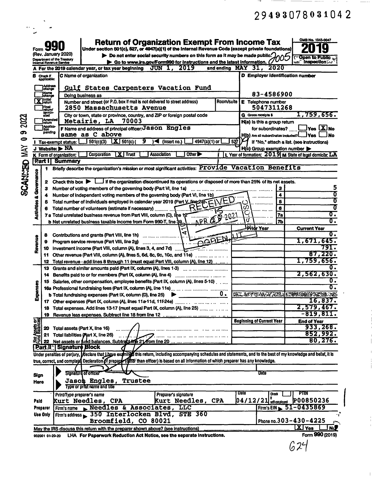 Image of first page of 2019 Form 990O for Gulf States Carpenters Vacation Fund