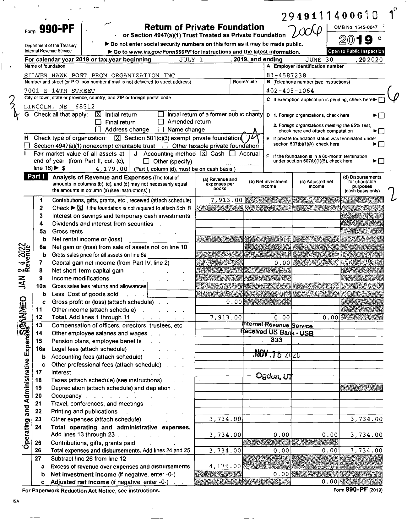 Image of first page of 2019 Form 990PF for Silver Hawk Support Organization