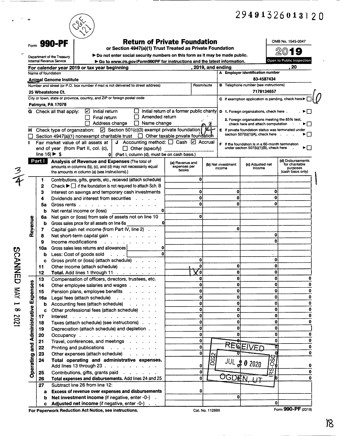Image of first page of 2019 Form 990PF for Animal Genome Institute