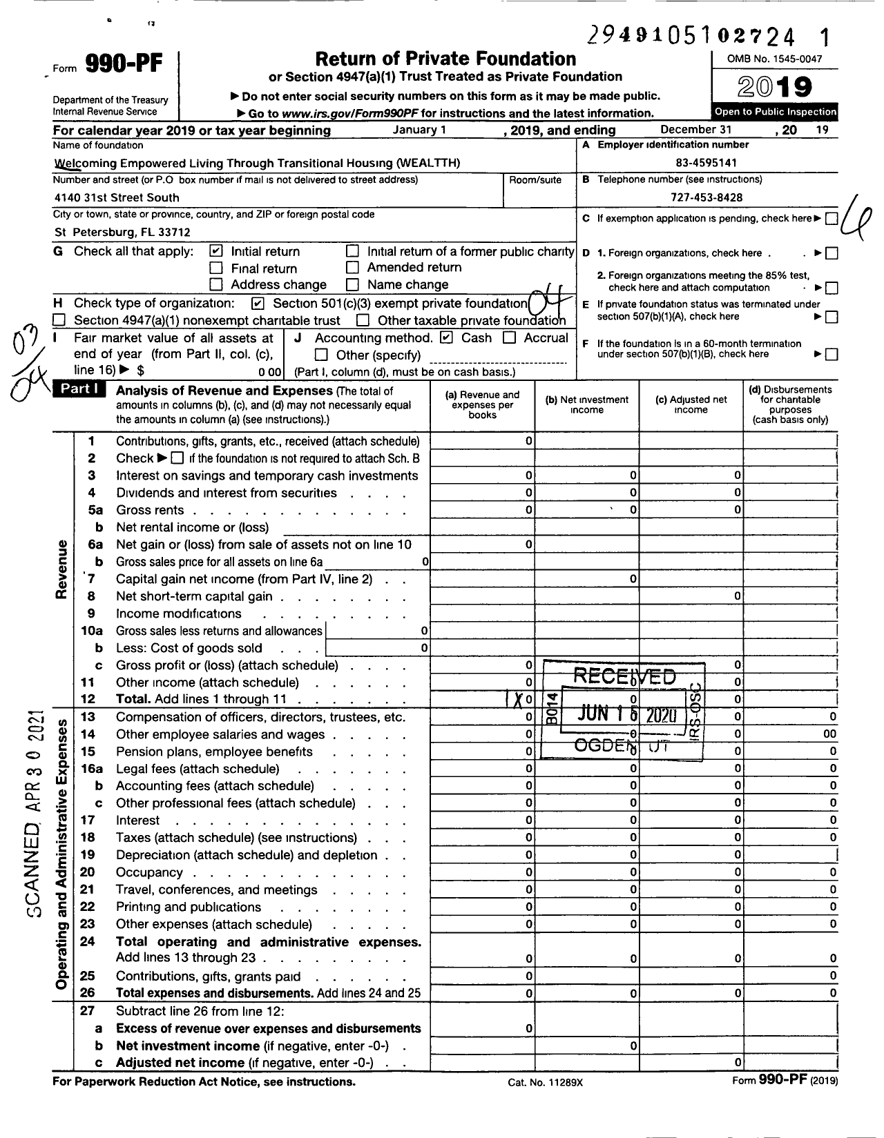 Image of first page of 2019 Form 990PF for Welcome Empowered Adolescent Living Through Transitional Housing