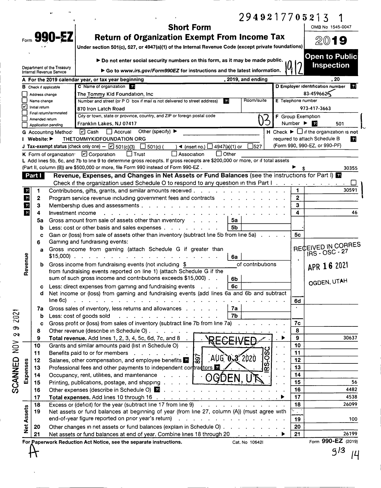 Image of first page of 2019 Form 990EZ for The Tommy Kid Foundation