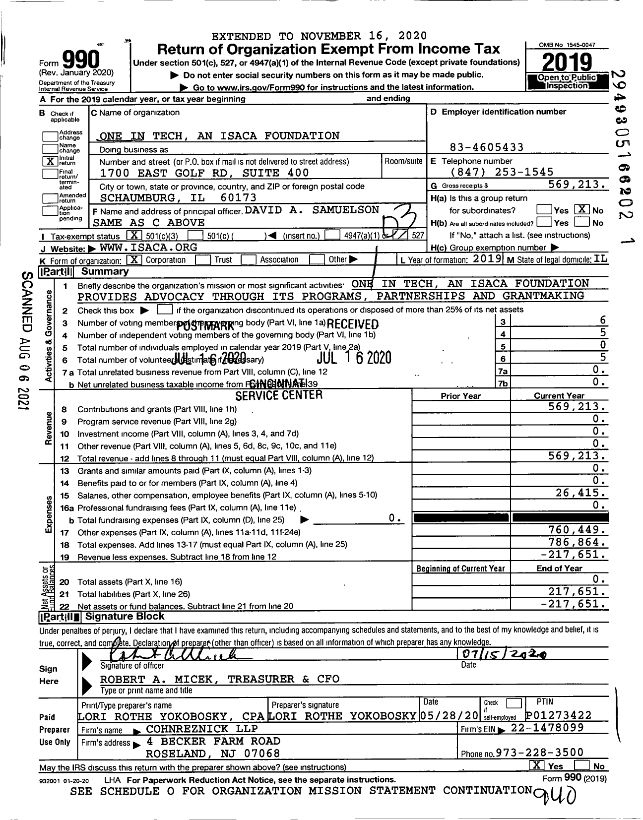 Image of first page of 2019 Form 990 for One in Tech An ISACA Foundation